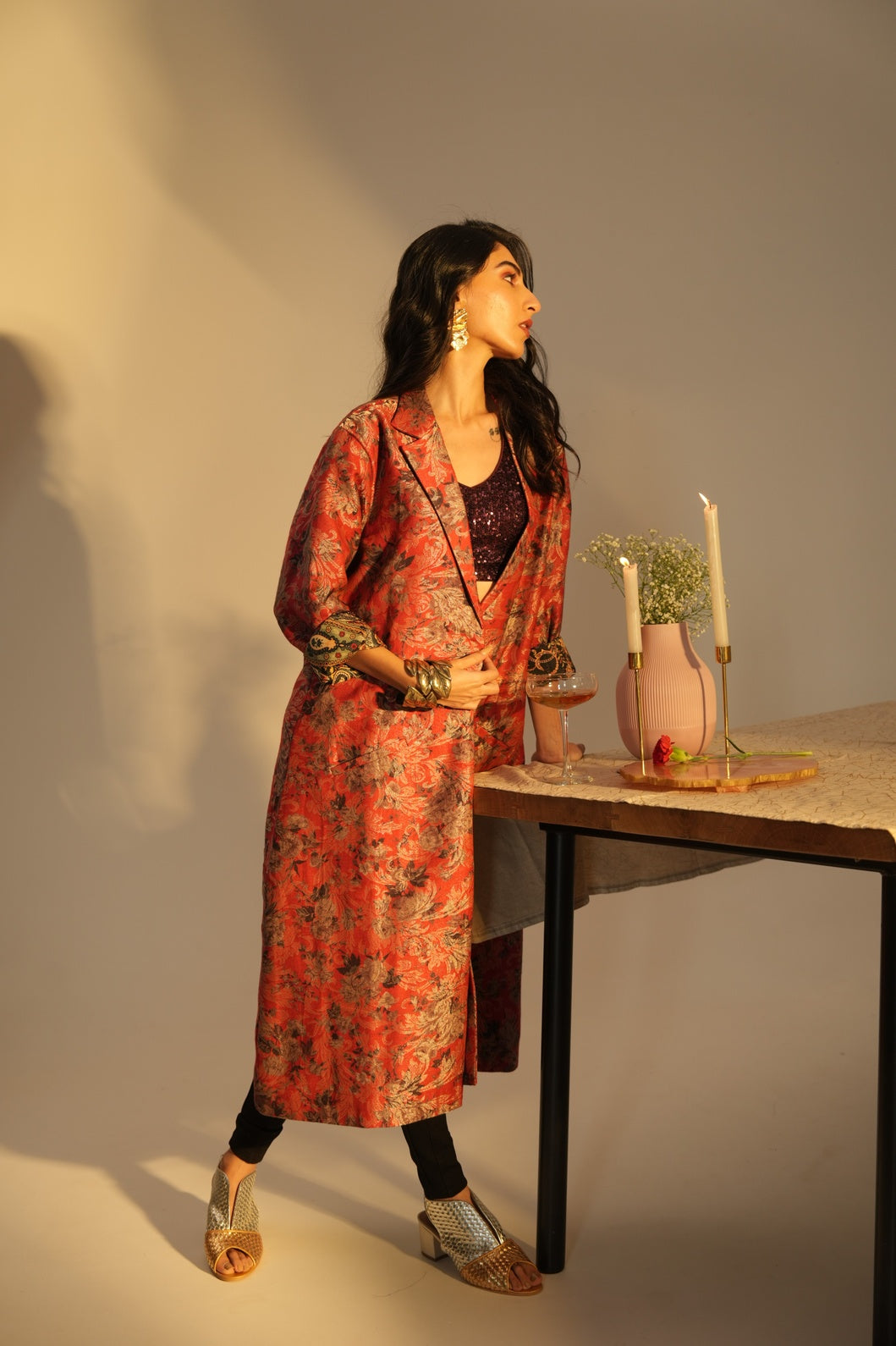 Red Floral Designed Brocade Metallic Long Blazer
