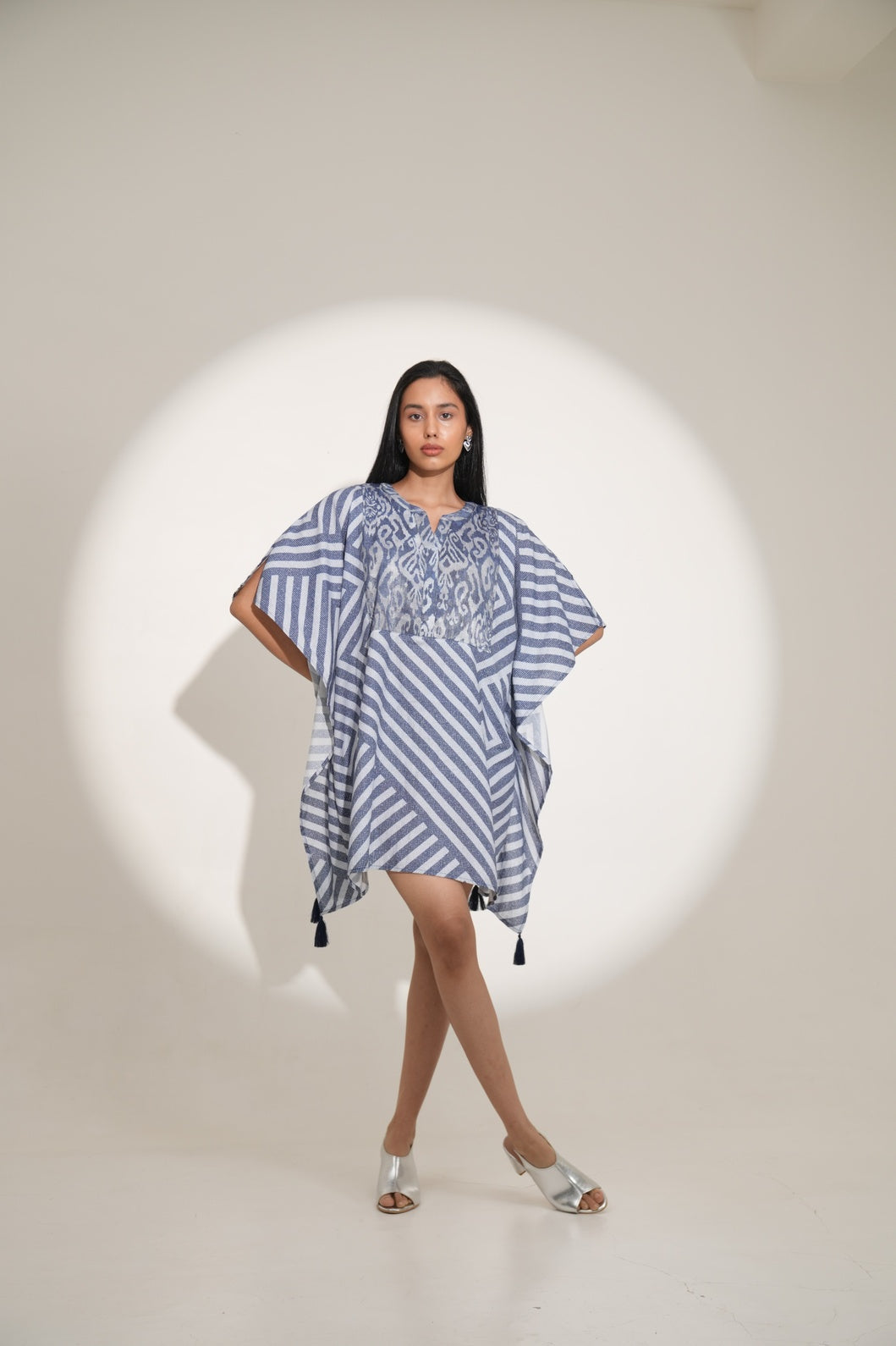 Denim Geometric Printed Poncho Dress-Pre Order