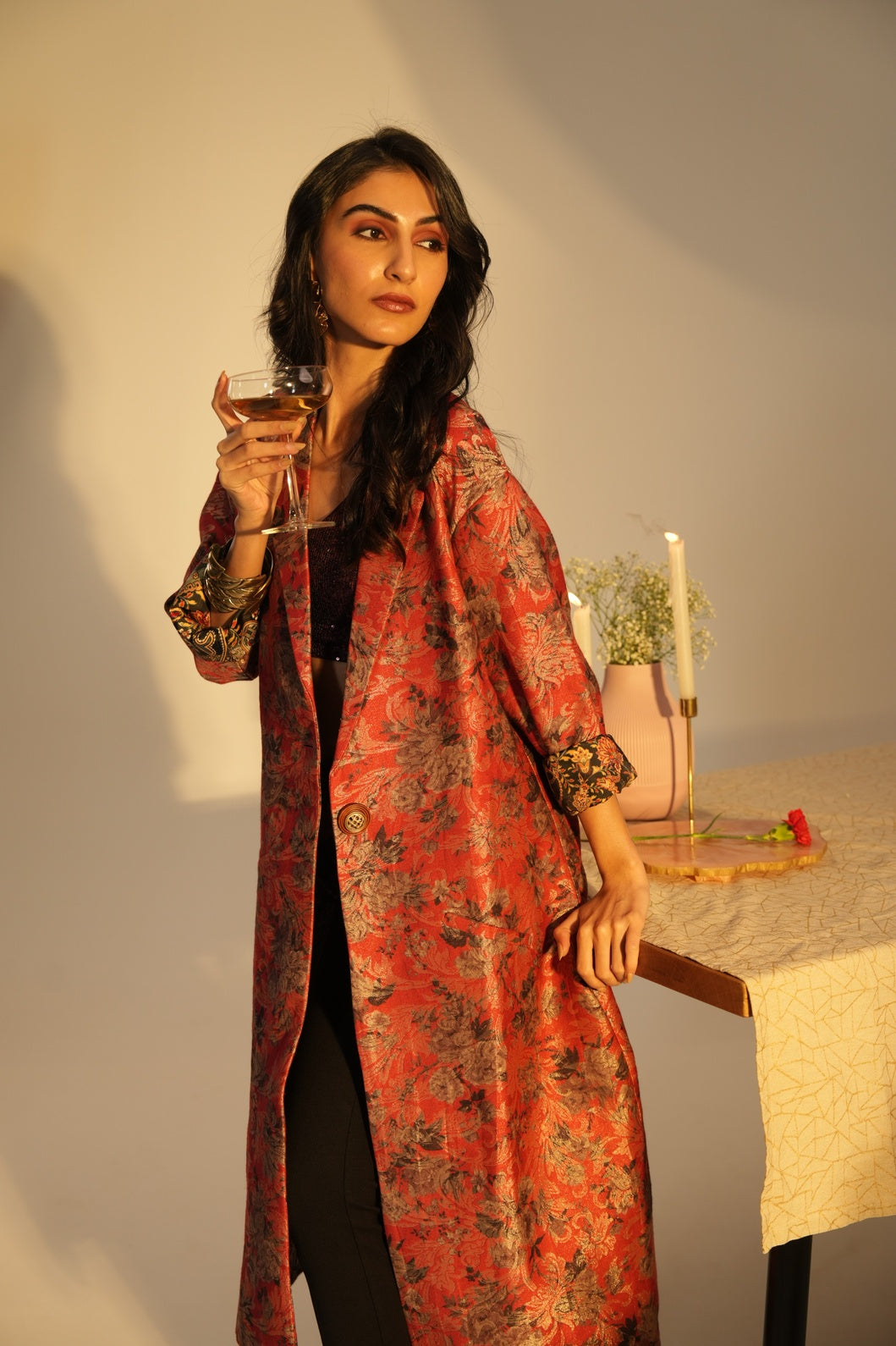 Red Floral Designed Brocade Metallic Long Blazer