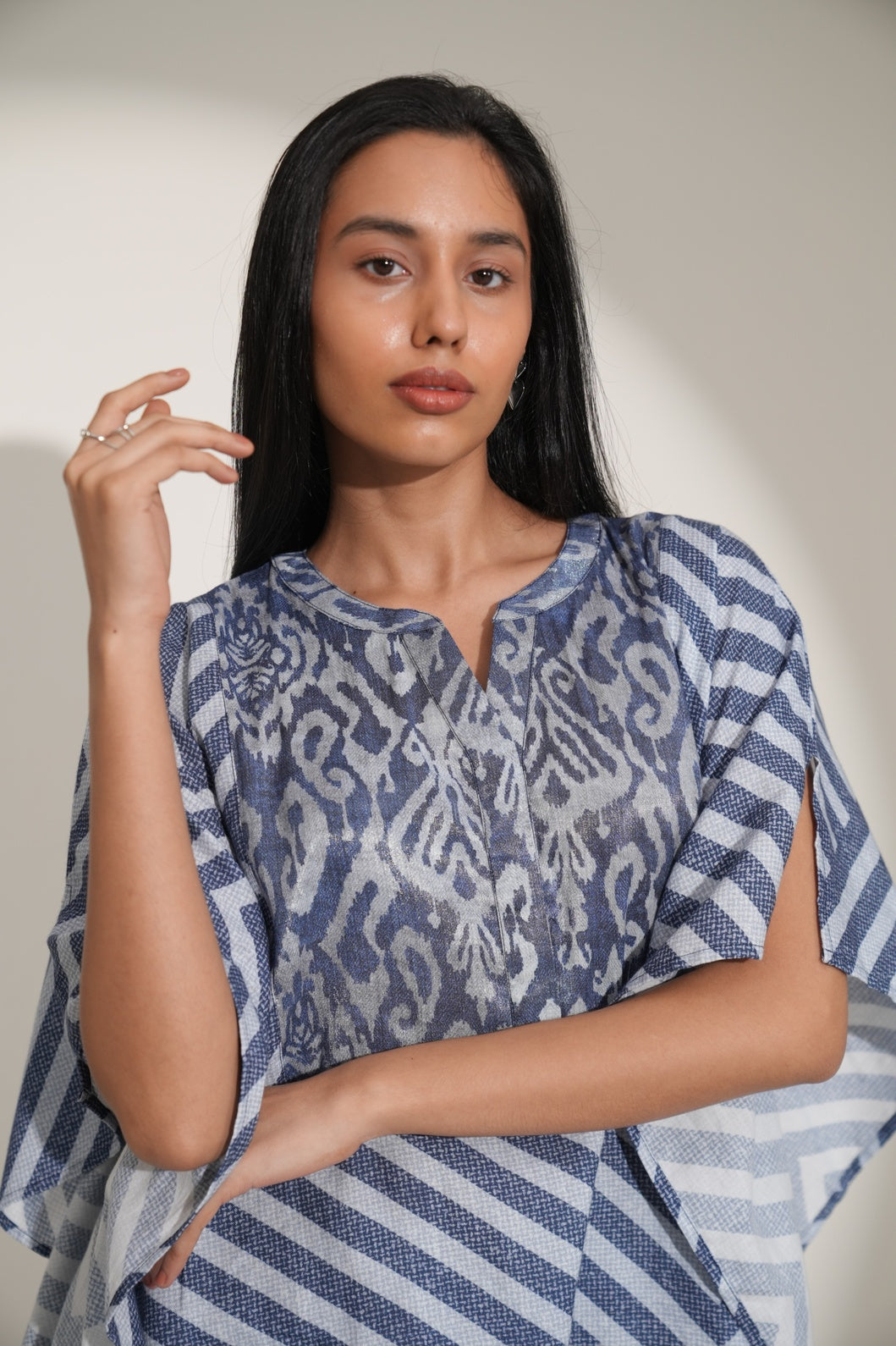 Denim Geometric Printed Poncho Dress-Pre Order