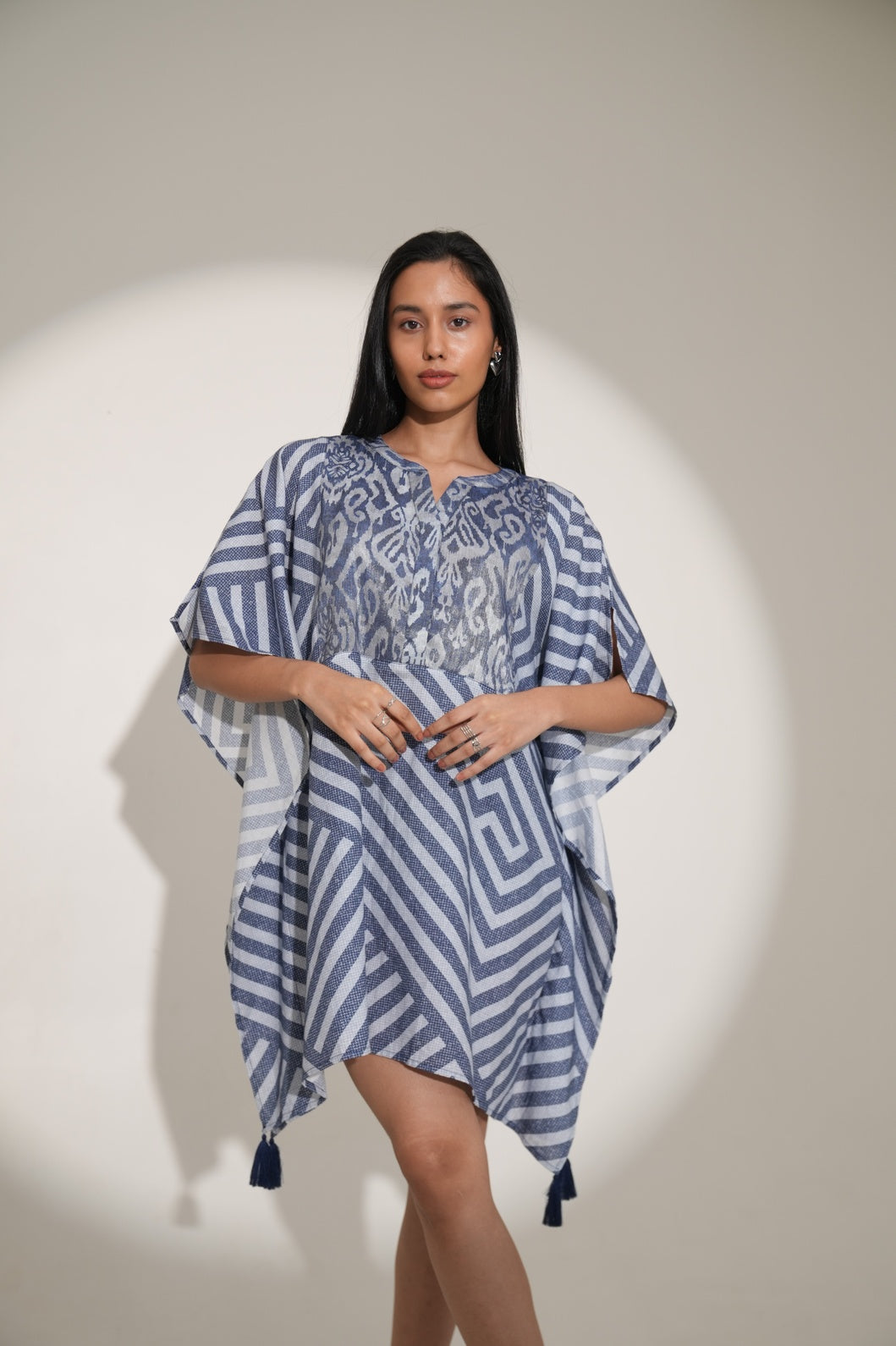Denim Geometric Printed Poncho Dress