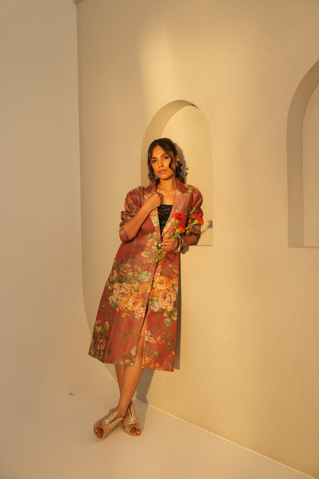 Red Multicolored Floral Designed Brocade Metallic Long Blazer