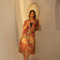 Red Floral Design Brocade Long Blazer