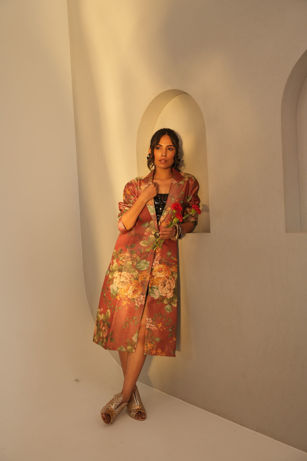 Red Floral Design Brocade Long Blazer