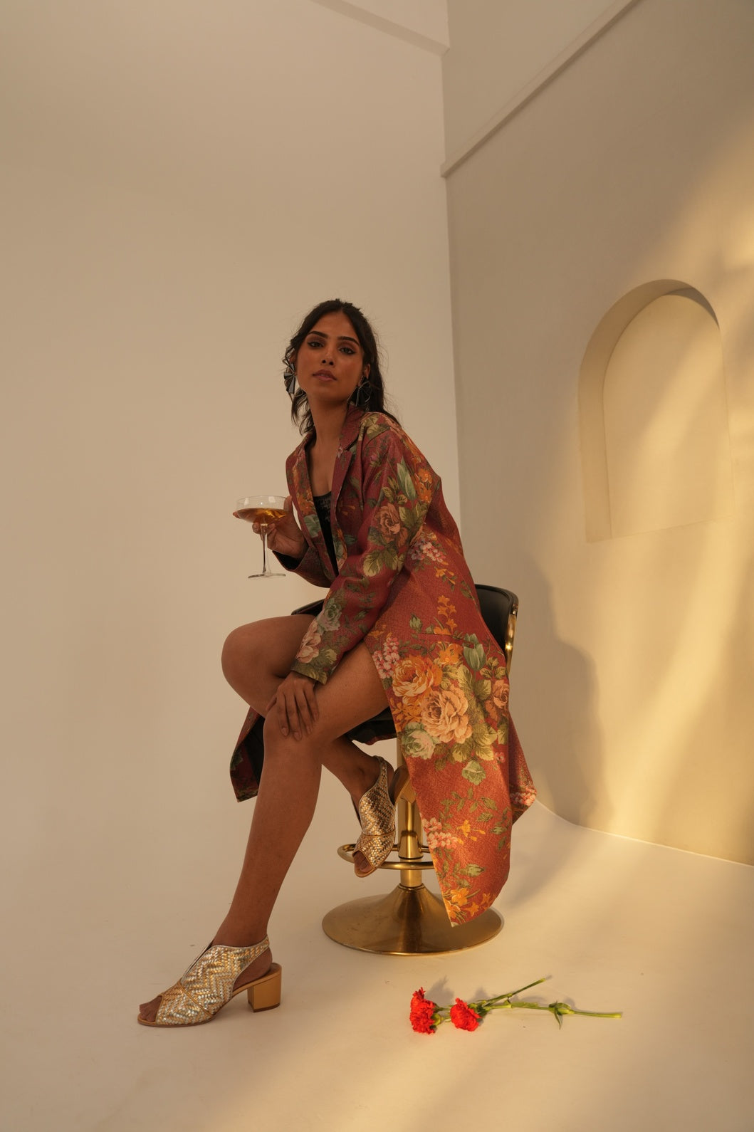 Red Multicolored Floral Designed Brocade Metallic Long Blazer