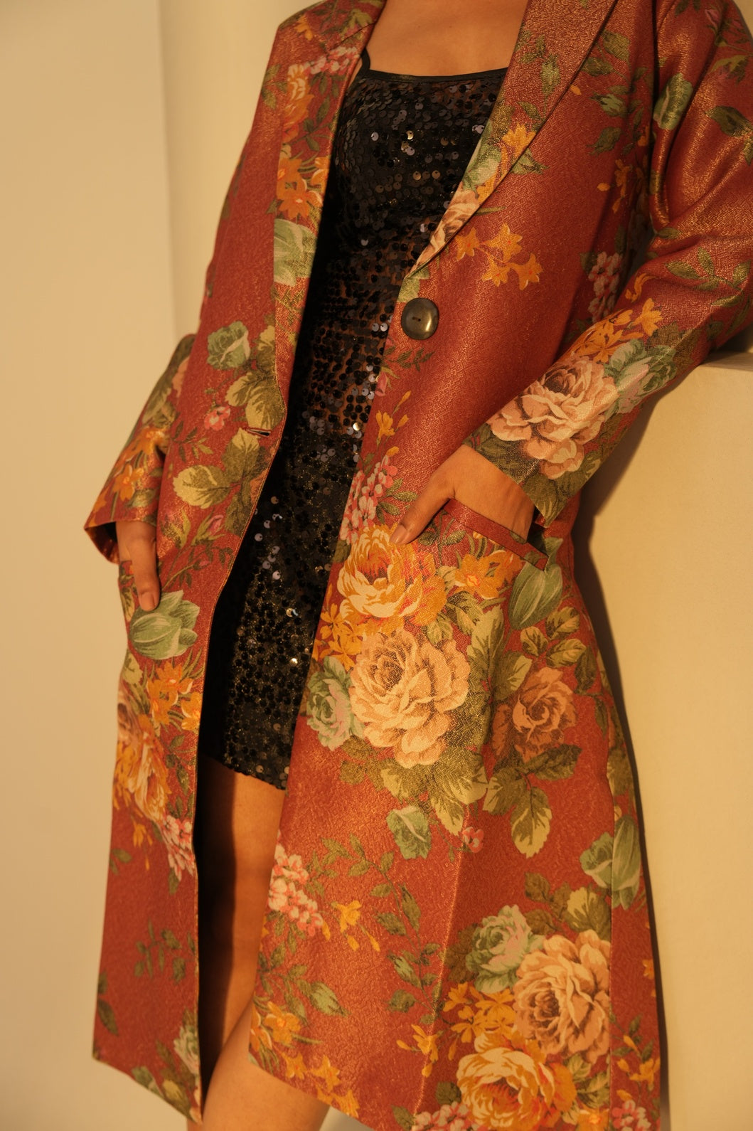 Red Multicolored Floral Designed Brocade Metallic Long Blazer