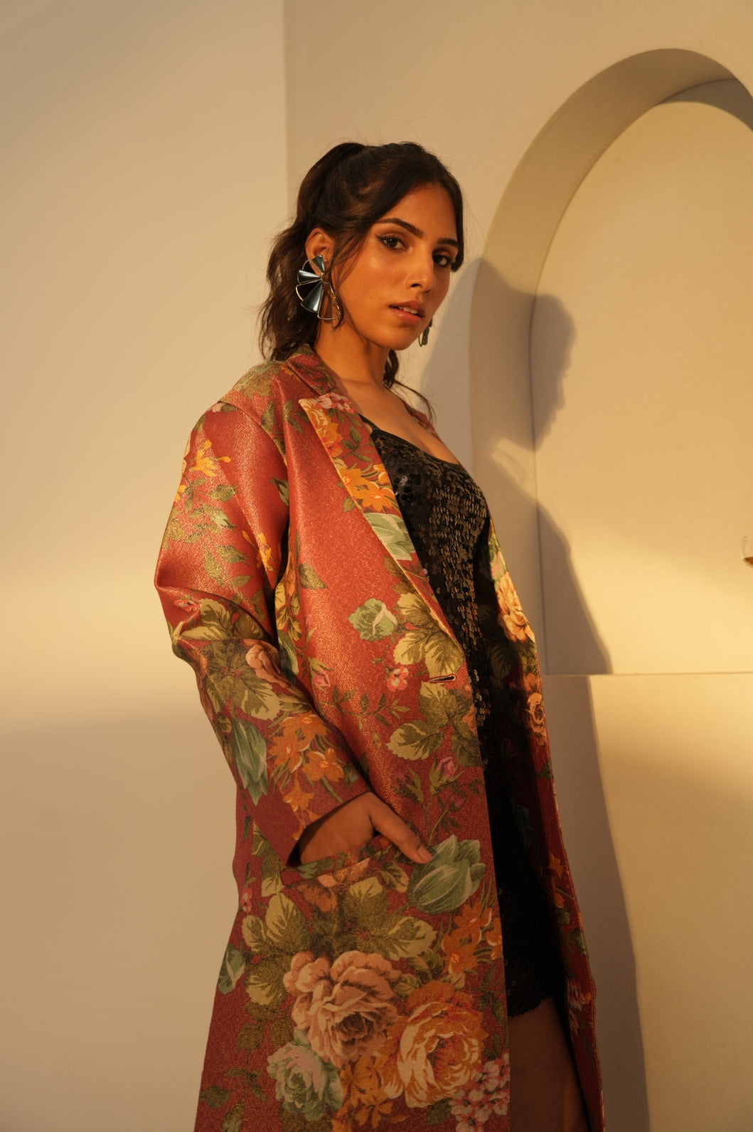 Red Multicolored Floral Designed Brocade Metallic Long Blazer