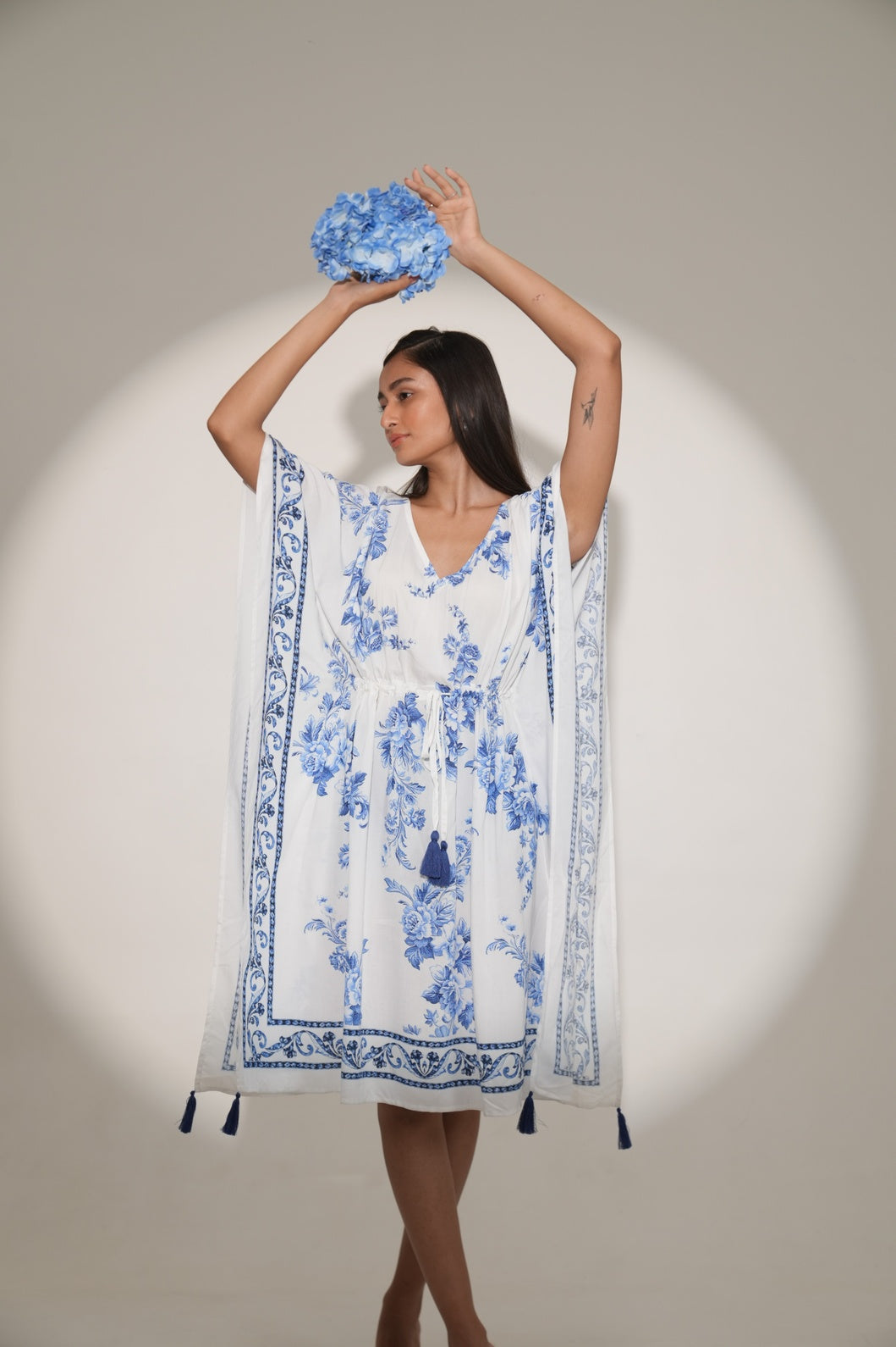 White Blue Floral Printed Kaftan Dress