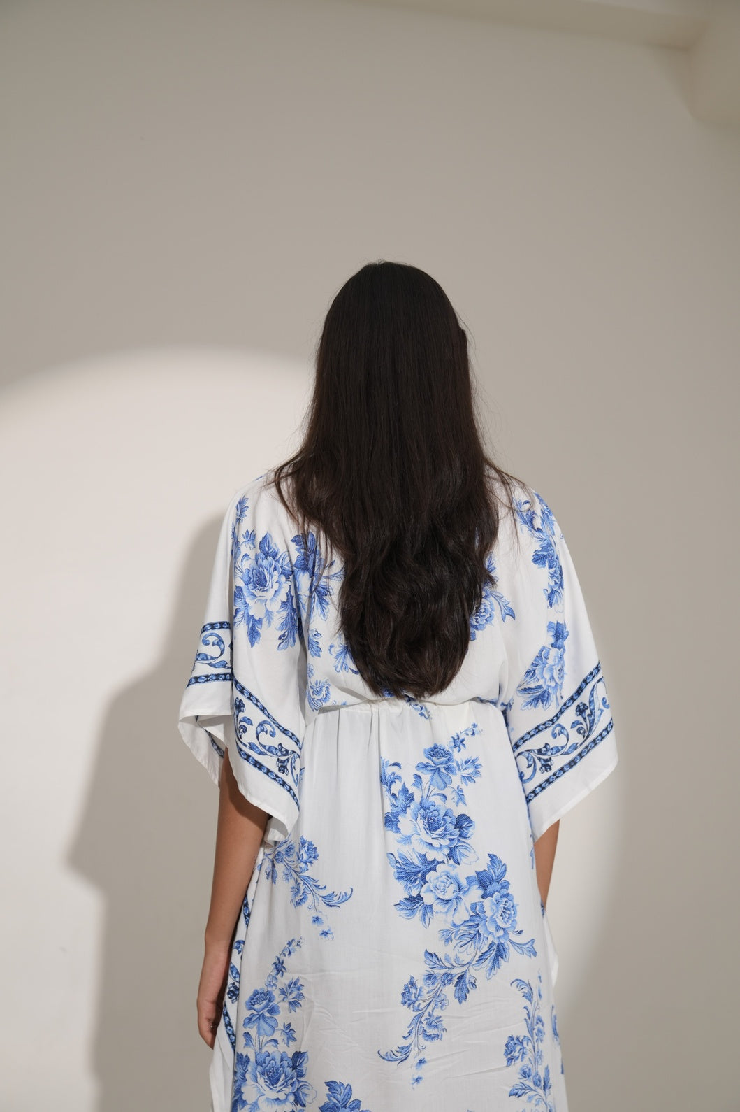 White Blue Floral Printed Kaftan Dress