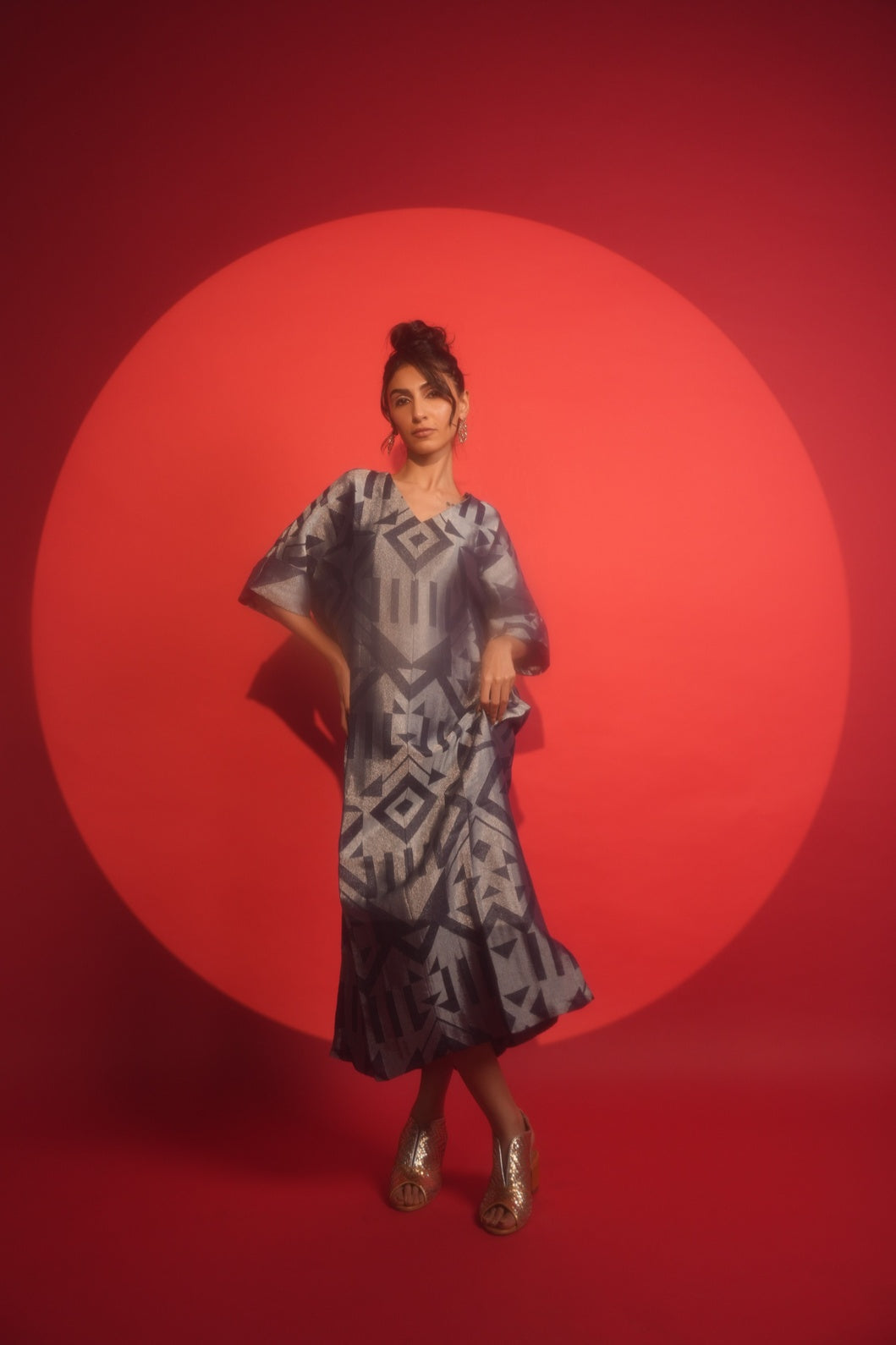 Navy Silver Geometric Brocade Tunic Dress