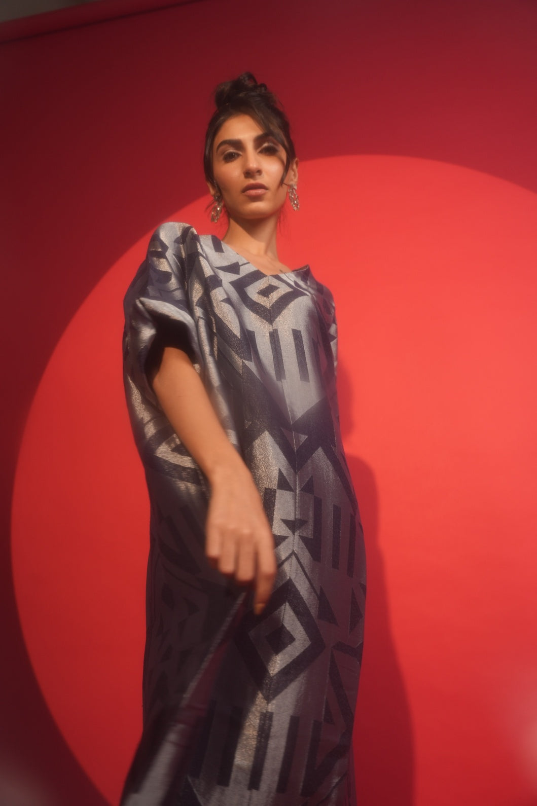 Navy Silver Geometric Brocade Tunic Dress