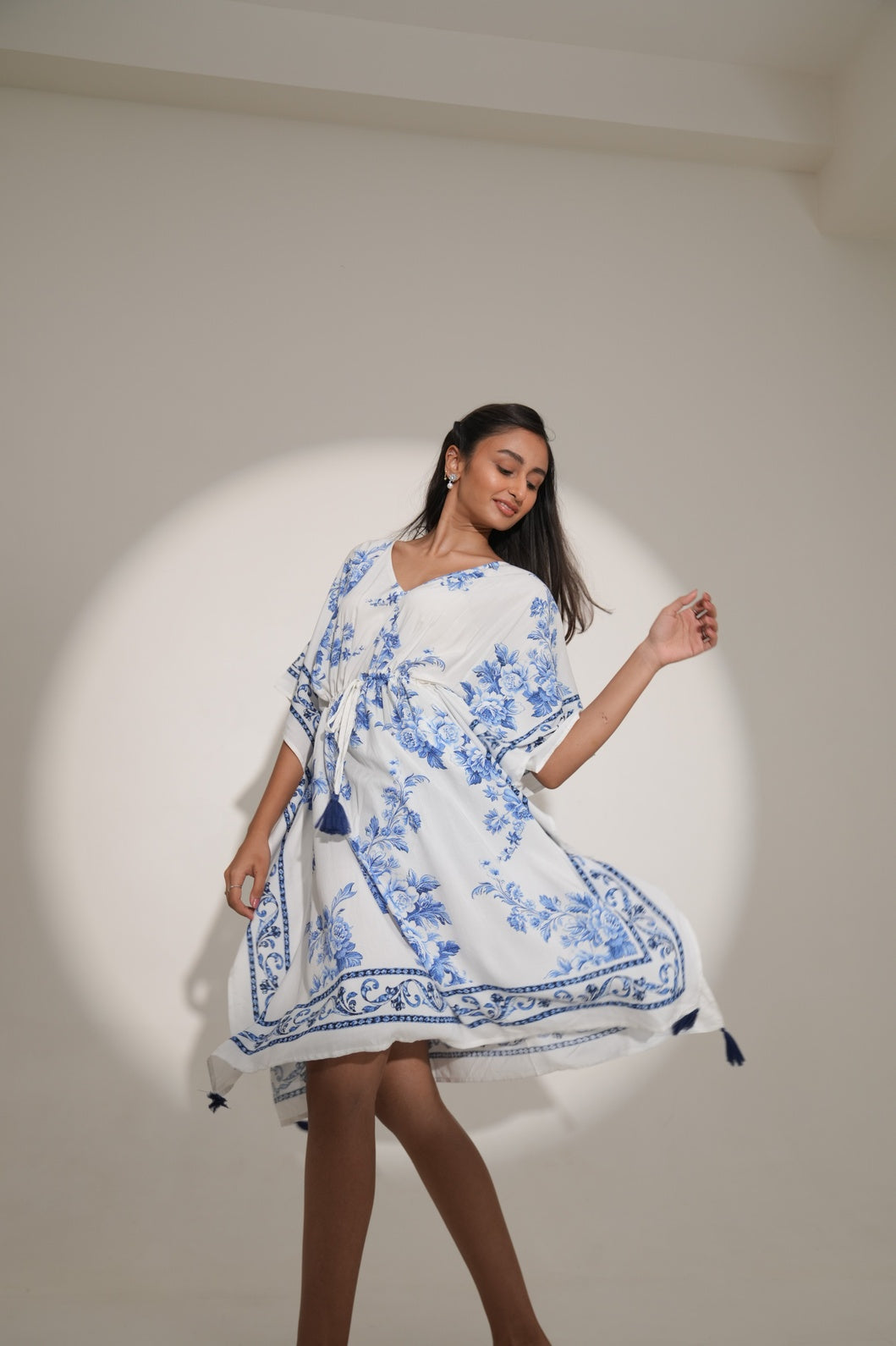 Floral Printed White Blue Kaftan Dress