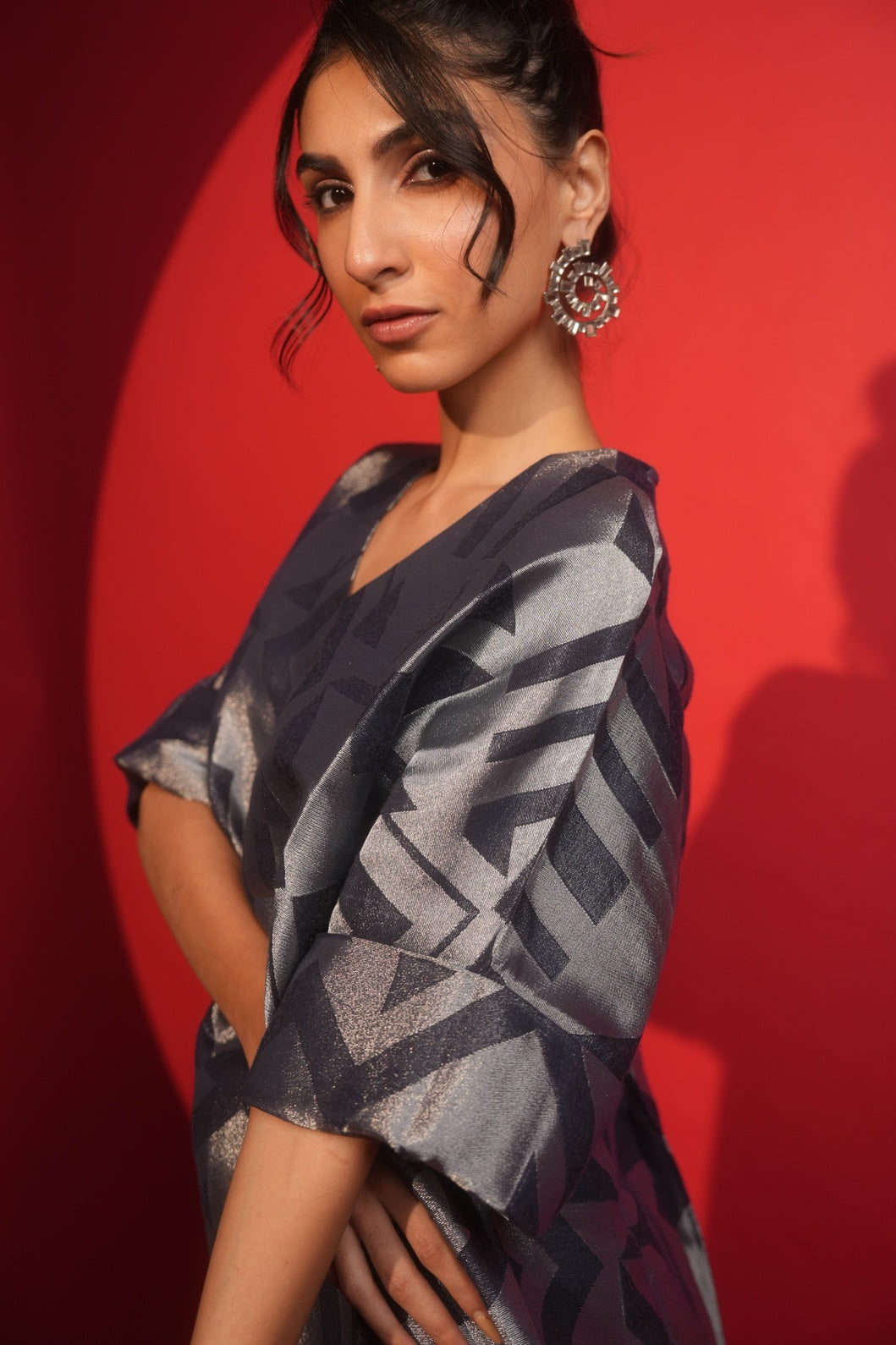 Navy Silver Geometric Brocade Tunic Dress