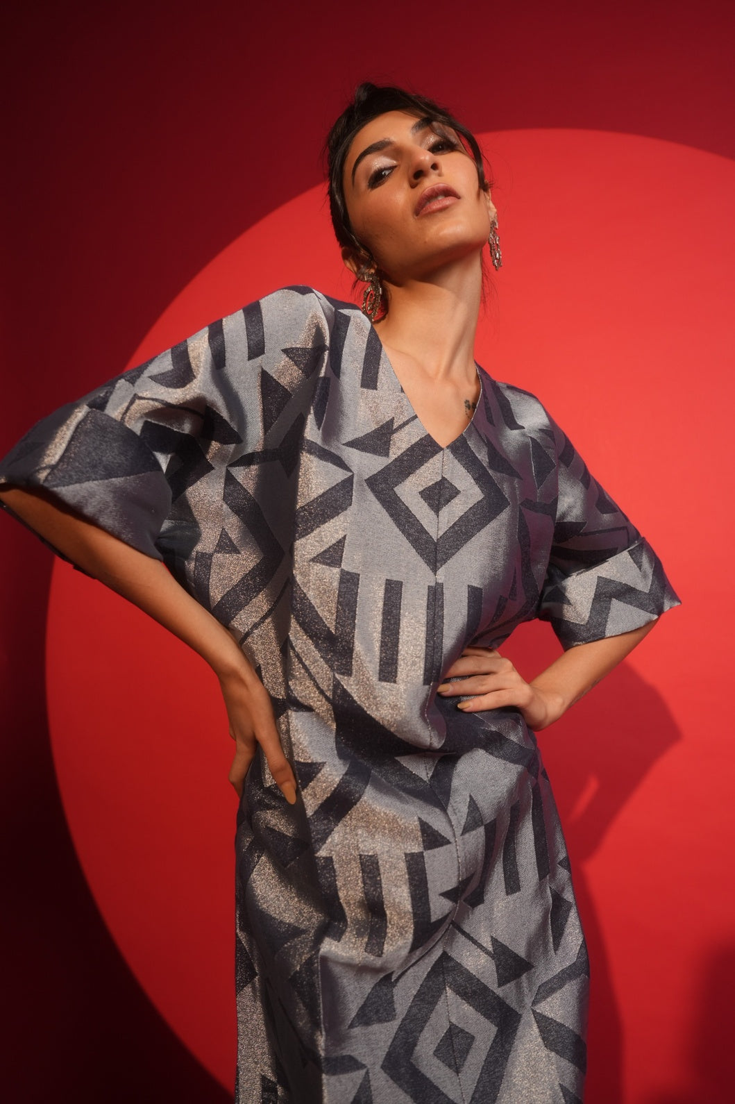 Navy Silver Geometric Brocade Tunic Dress