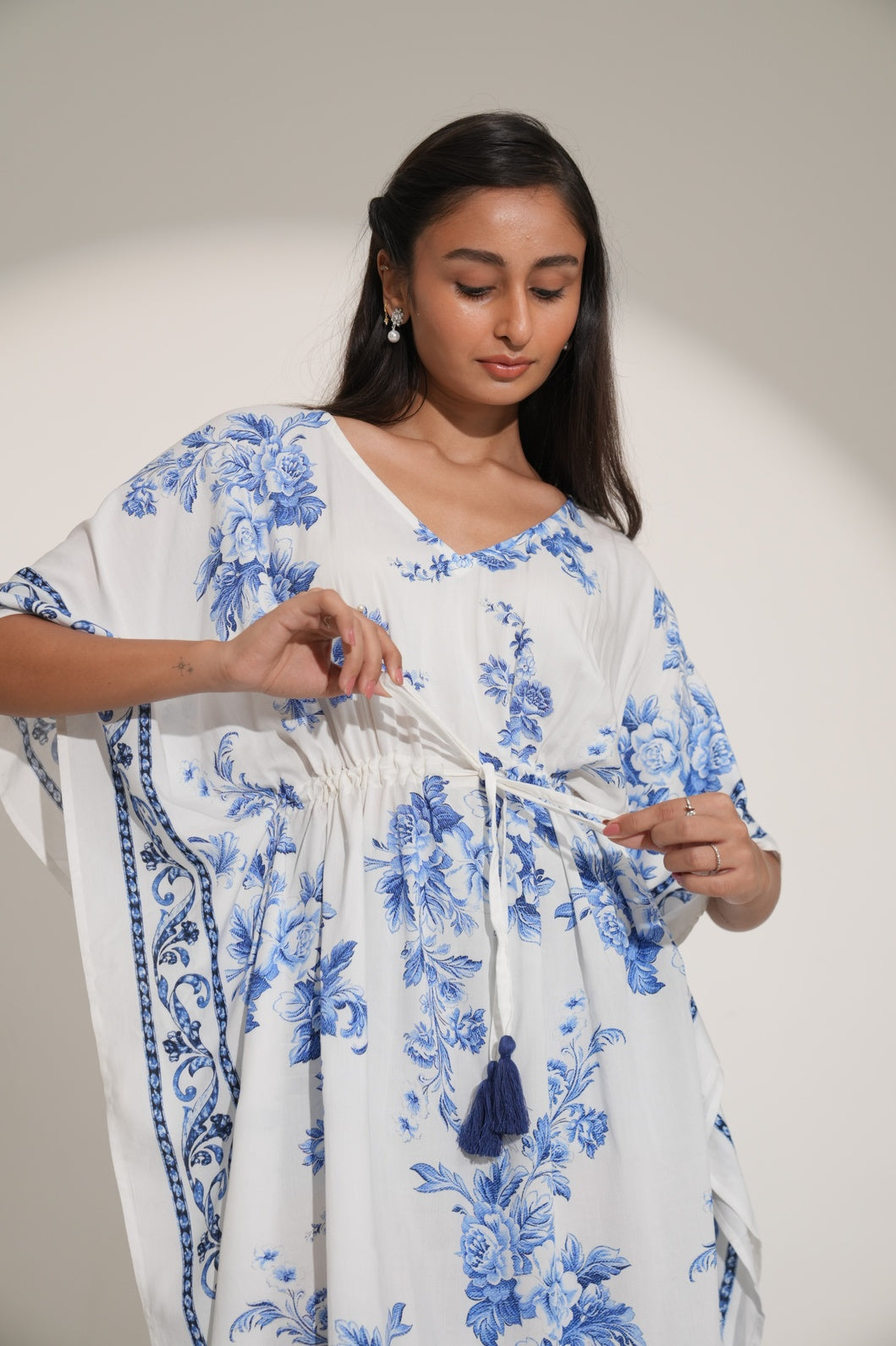 White Blue Floral Printed Kaftan Dress