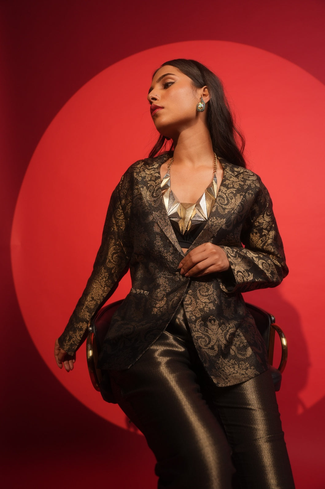 French Patterned Ornamental Black Short Brocade Blazer