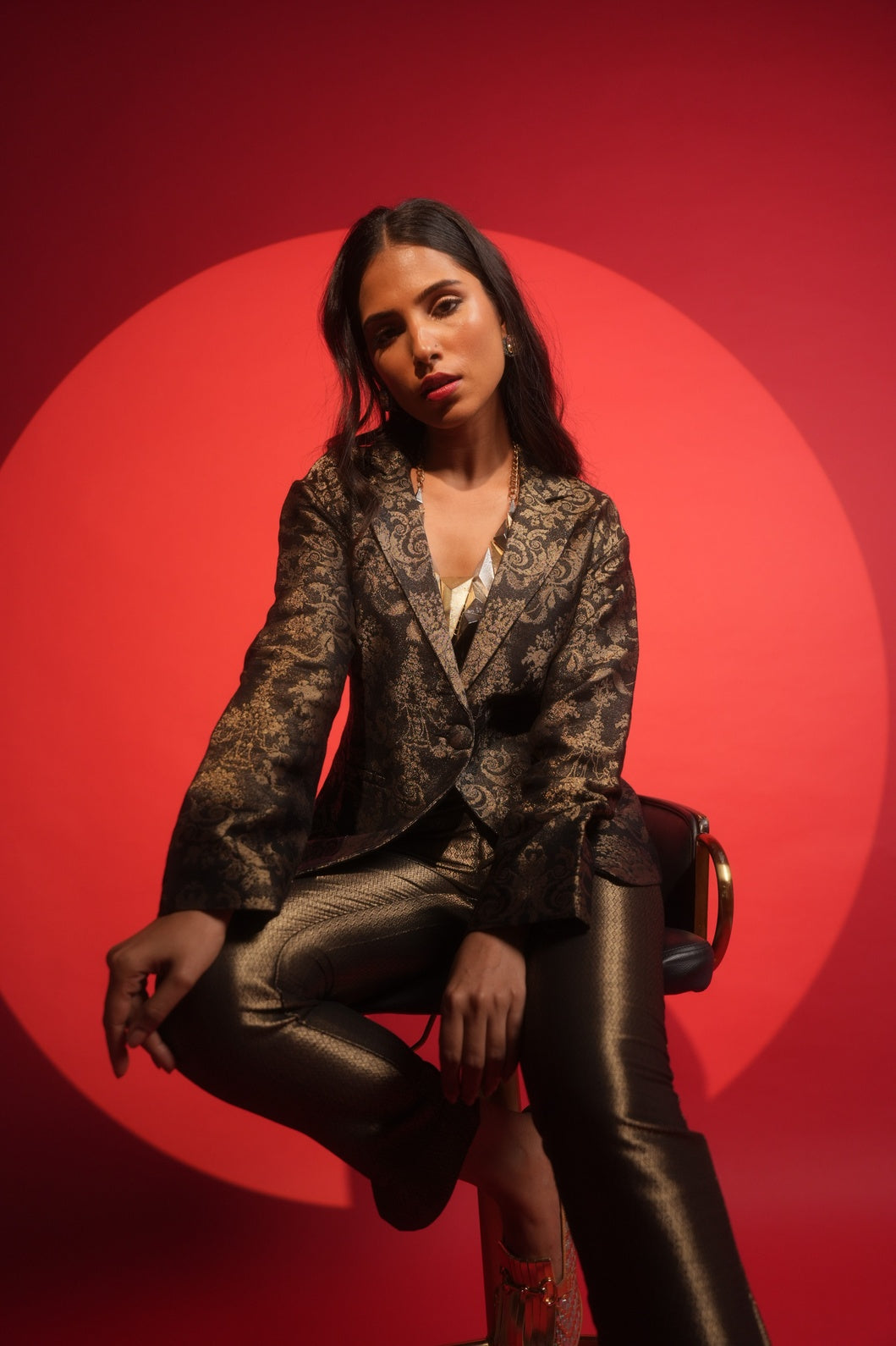 French Black Short Brocade Blazer