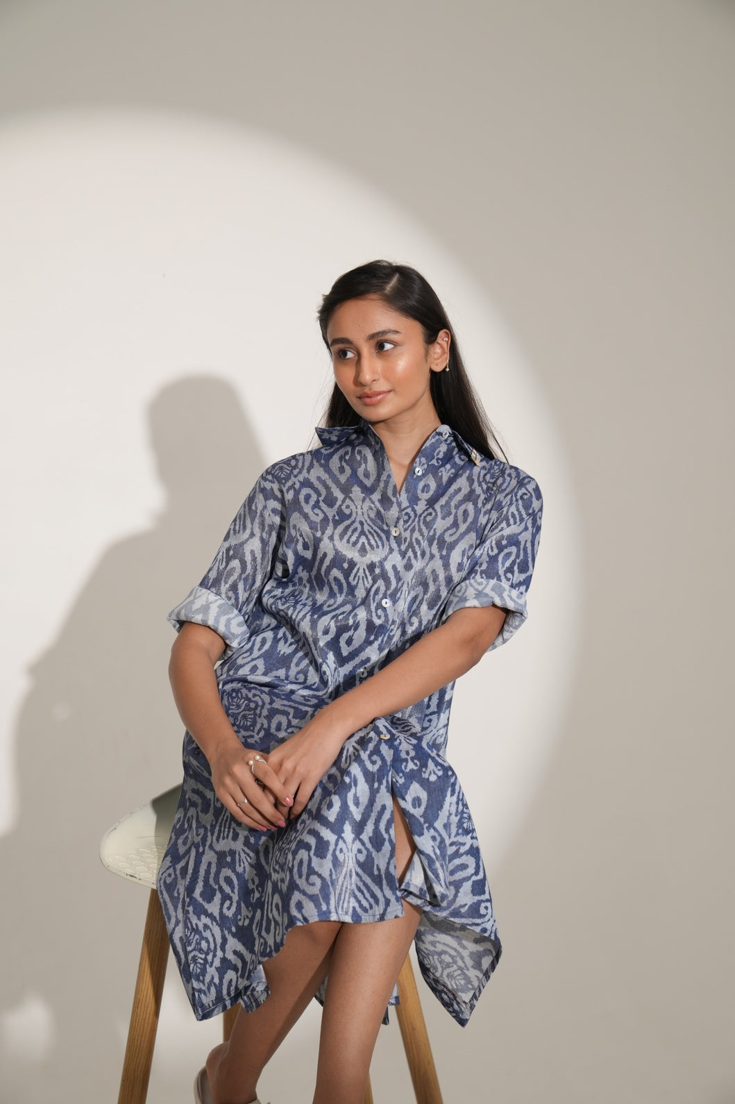 Ikat Printed Denim Blue Shirt Dress