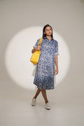Denim Blue Ikat Printed Metallic Shirt Dress-Pre Order