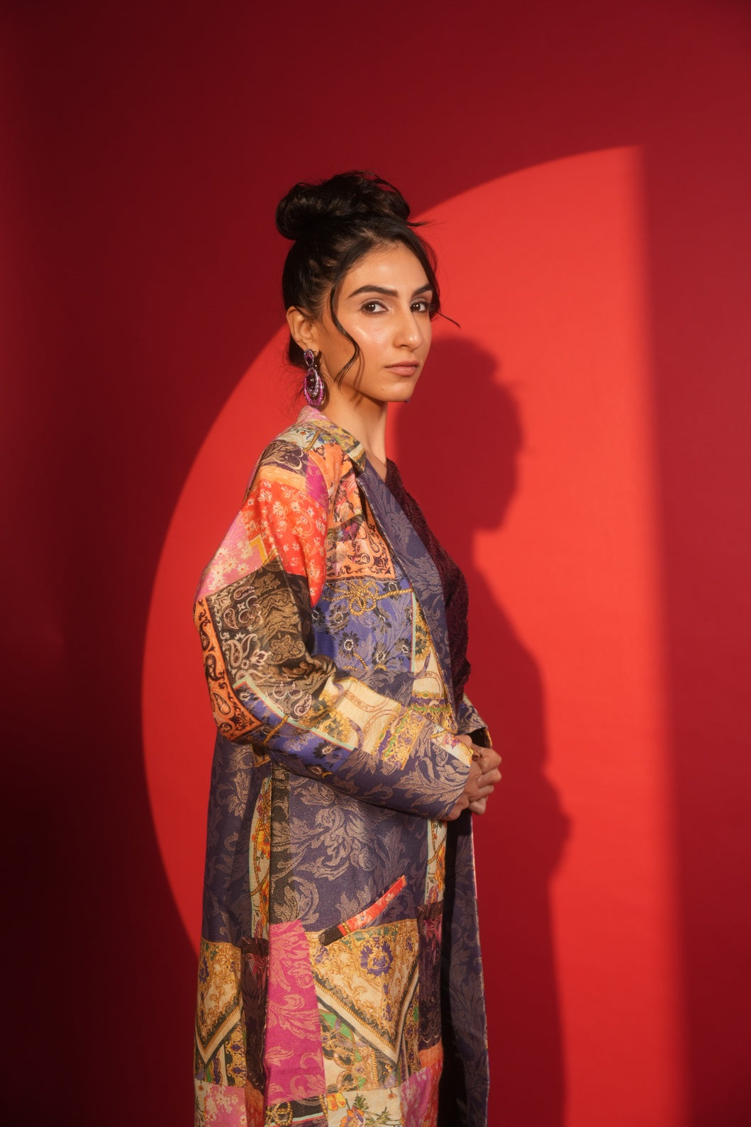 Multicolor Patchwork Printed Metallic Long Blazer