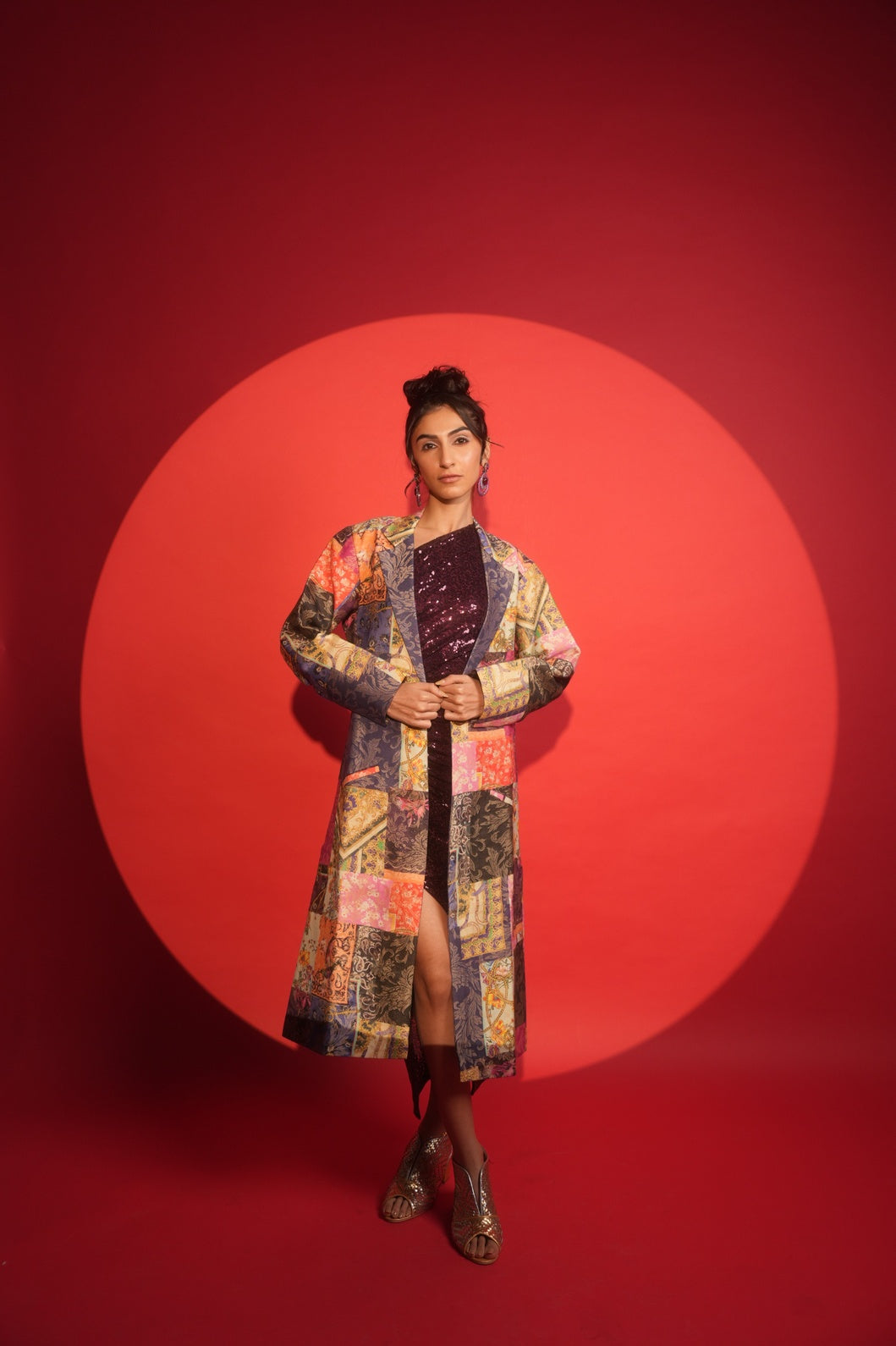 Multicolor Patchwork Printed Metallic Long Blazer