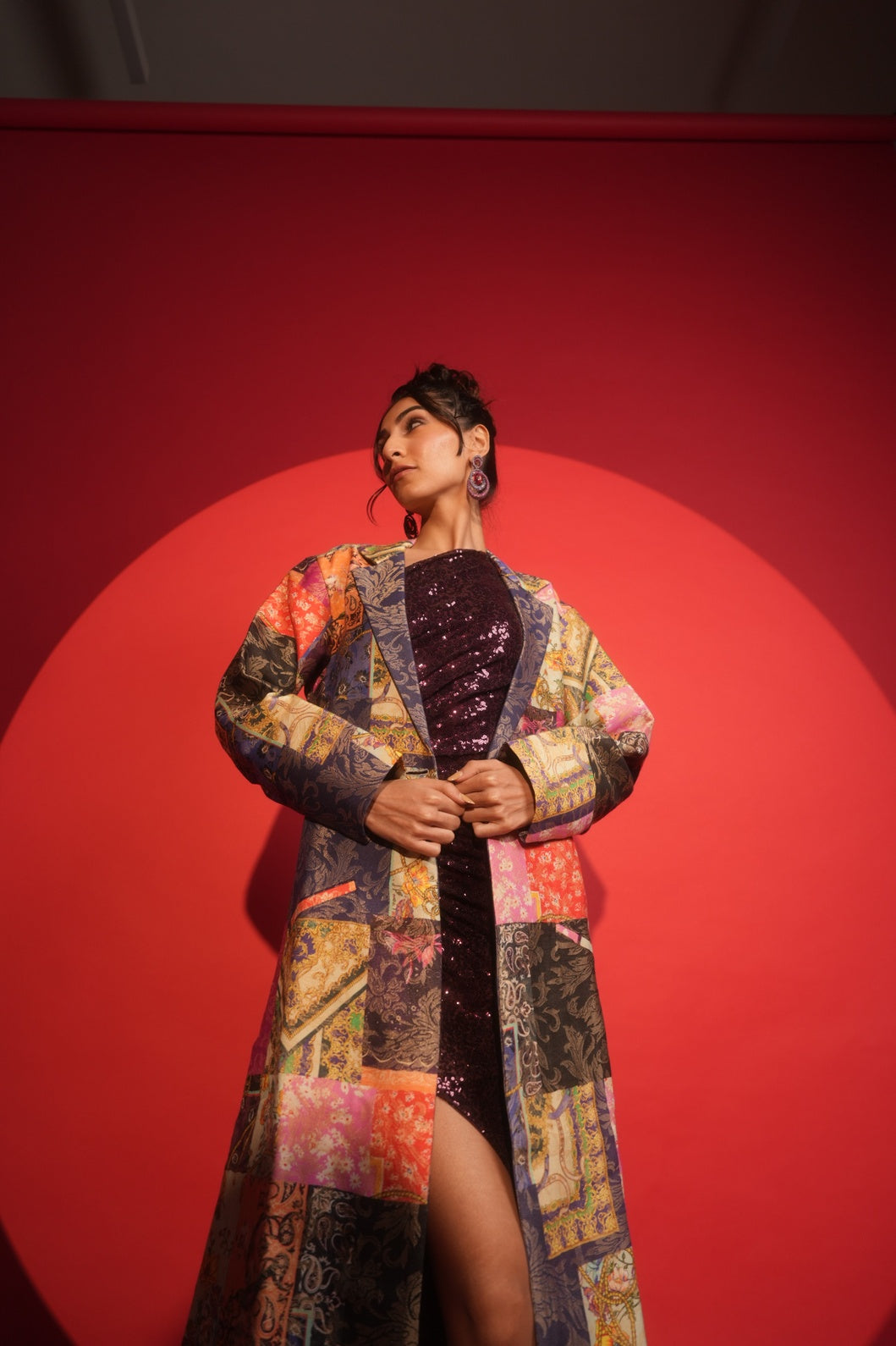 Multicolor Patchwork Printed Metallic Long Blazer