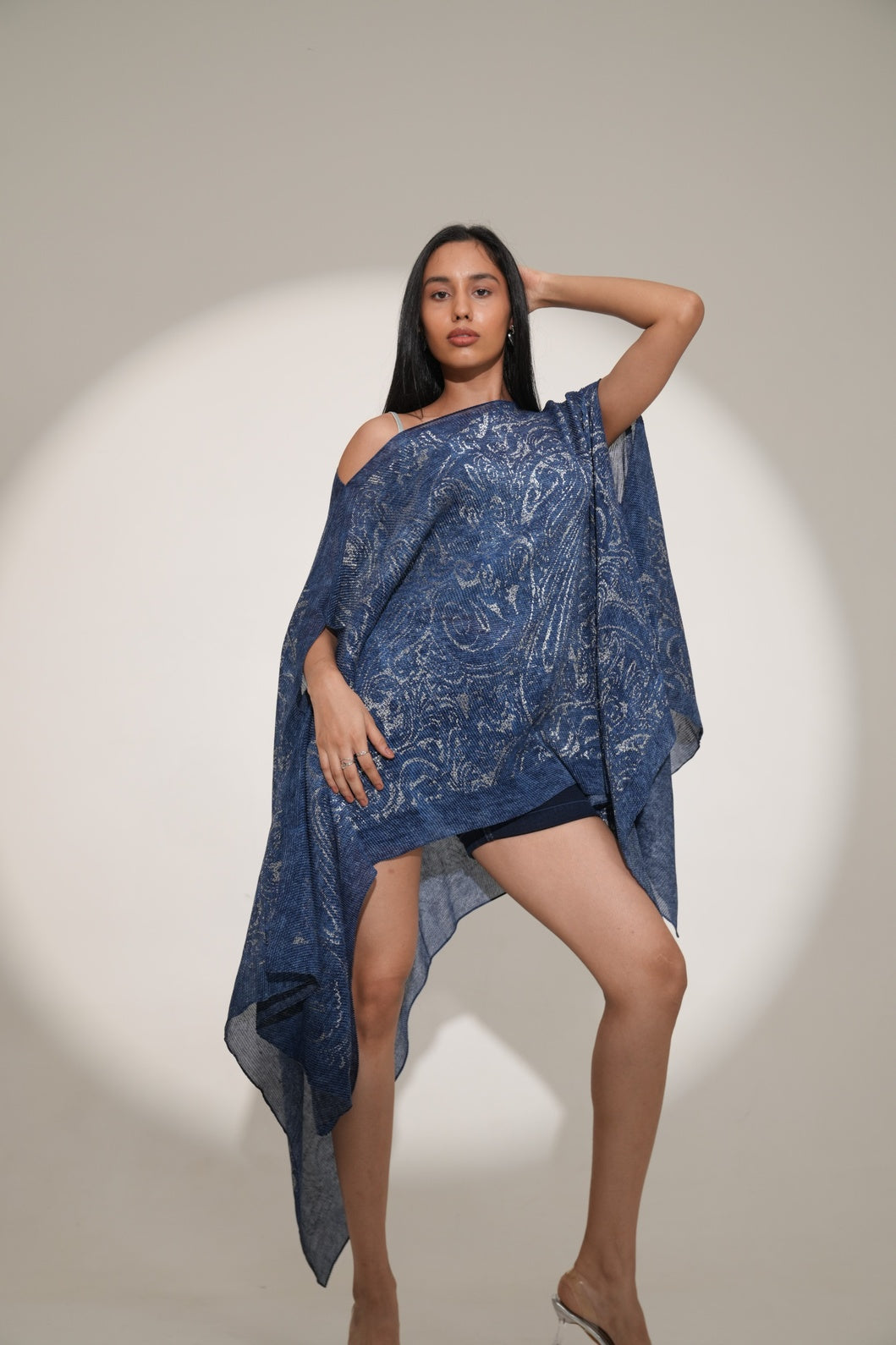 Denim Paisley Printed Off Shoulder Brocade Pleated Poncho-Pre Order