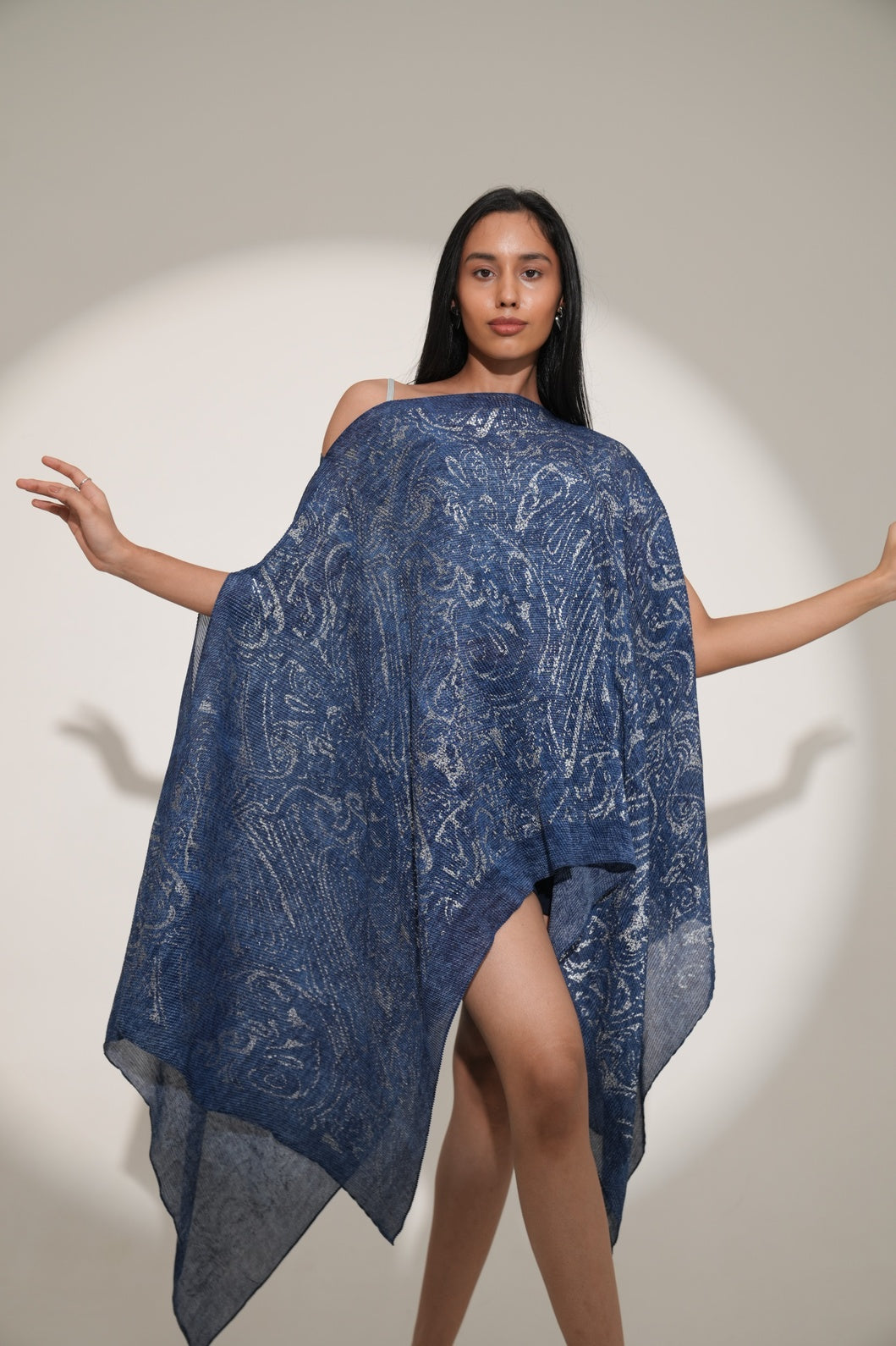 Denim Paisley Printed Off Shoulder Brocade Pleated Poncho-Pre Order