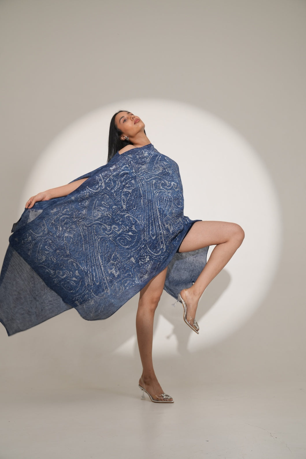 Denim Paisley Printed Off Shoulder Brocade Pleated Poncho-Pre Order