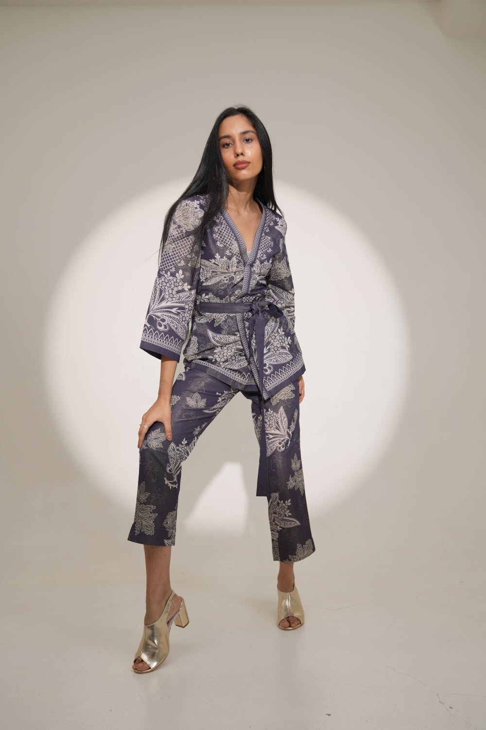 Metallic Floral Lacy Printed Navy Kimono