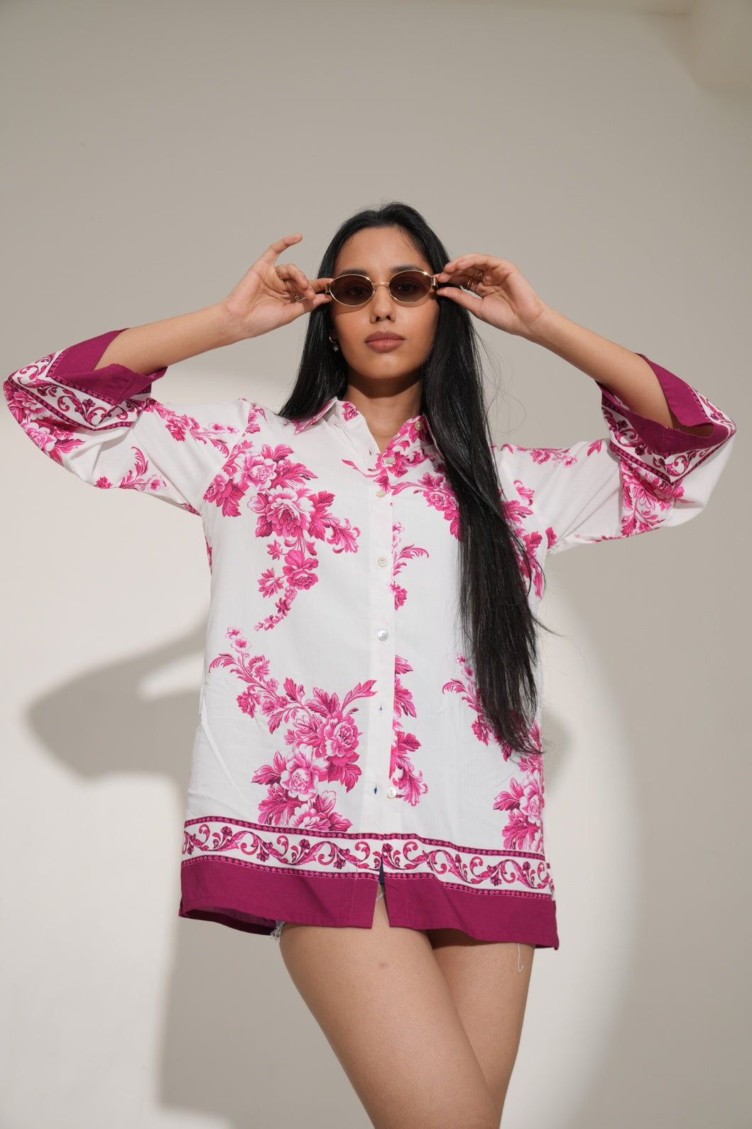 Viscose Floral Printed White Pink Shirt