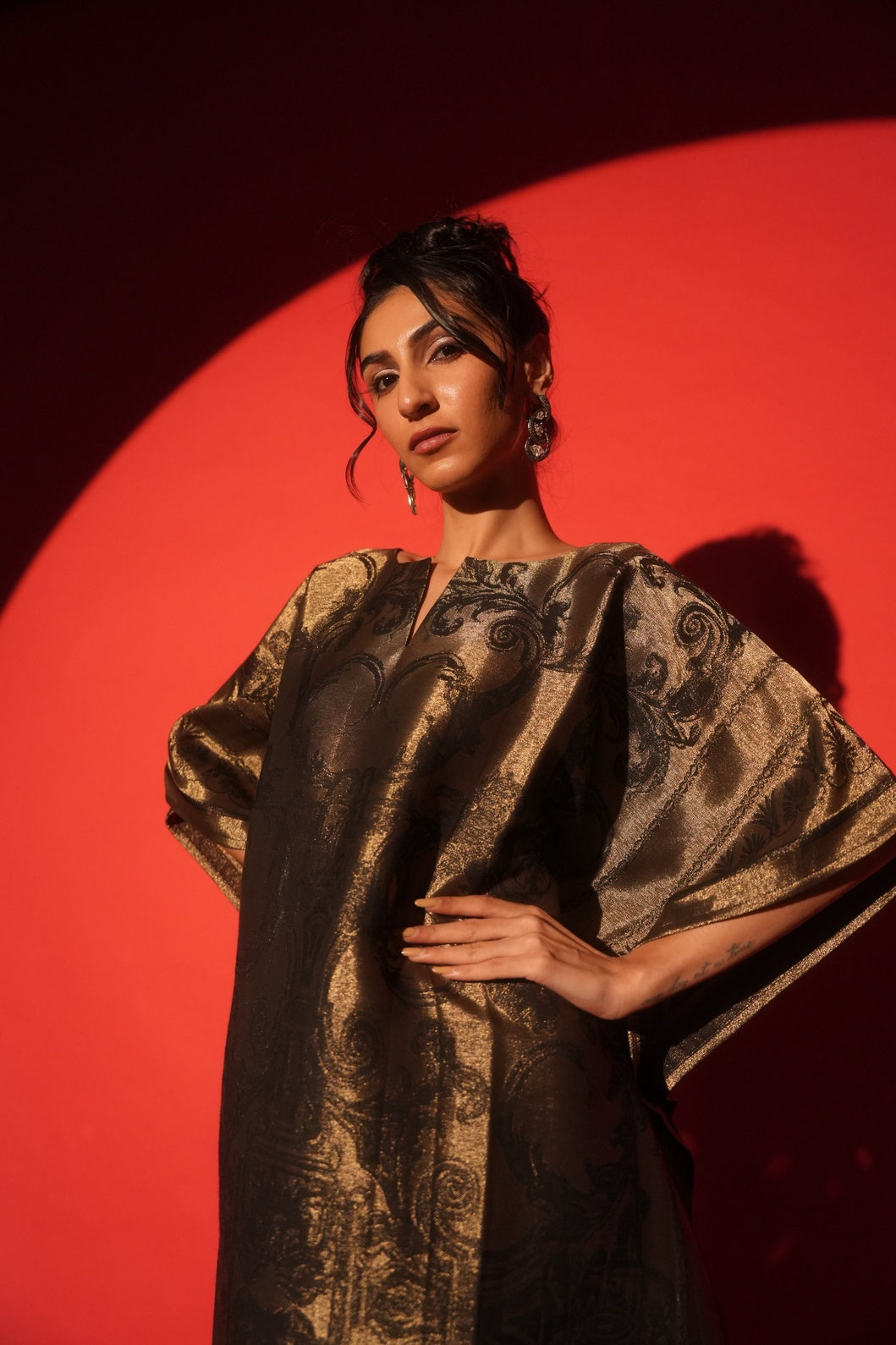 Black & Gold Motif Designed Long Brocade Kaftan