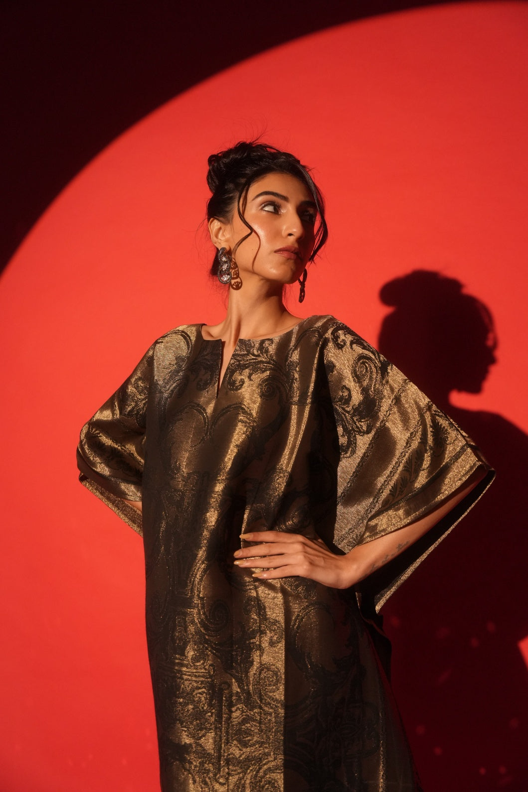 Black & Gold Motif Designed Long Brocade Kaftan