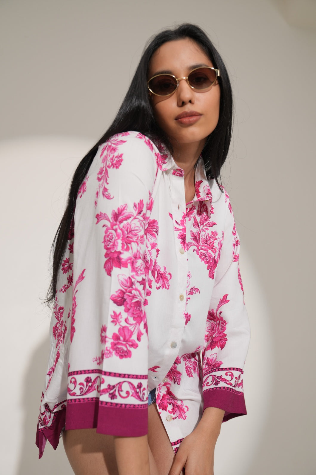 White Pink Floral Printed Short Viscose Shirt