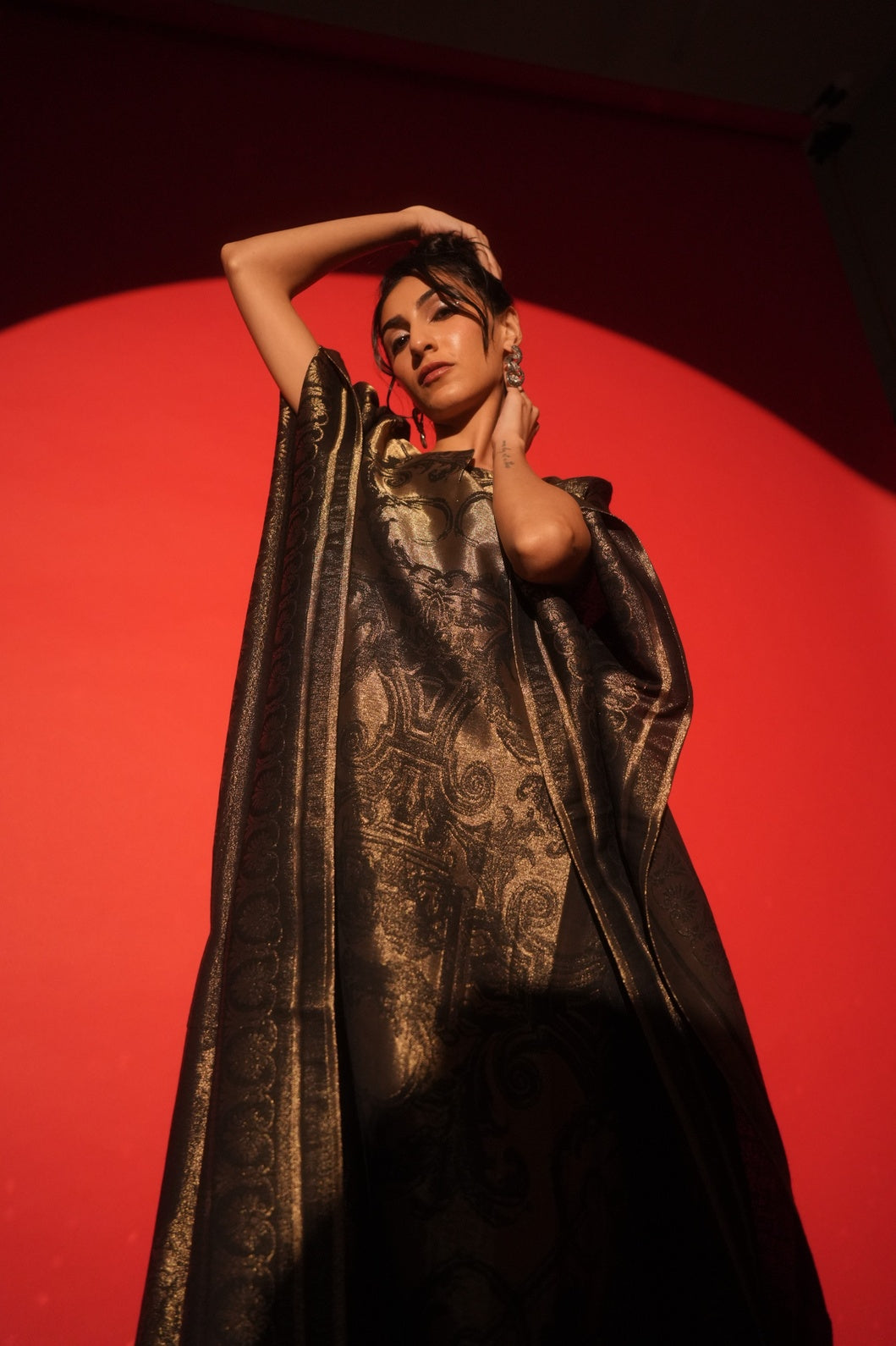 Black & Gold Motif Designed Long Brocade Kaftan