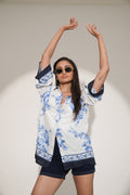 White Blue Floral Printed Short Viscose Shirt