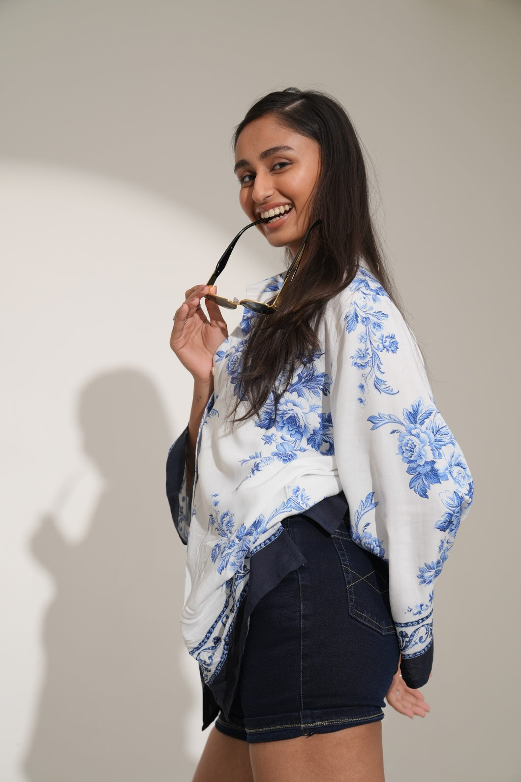 White Blue Floral Printed Short Viscose Shirt