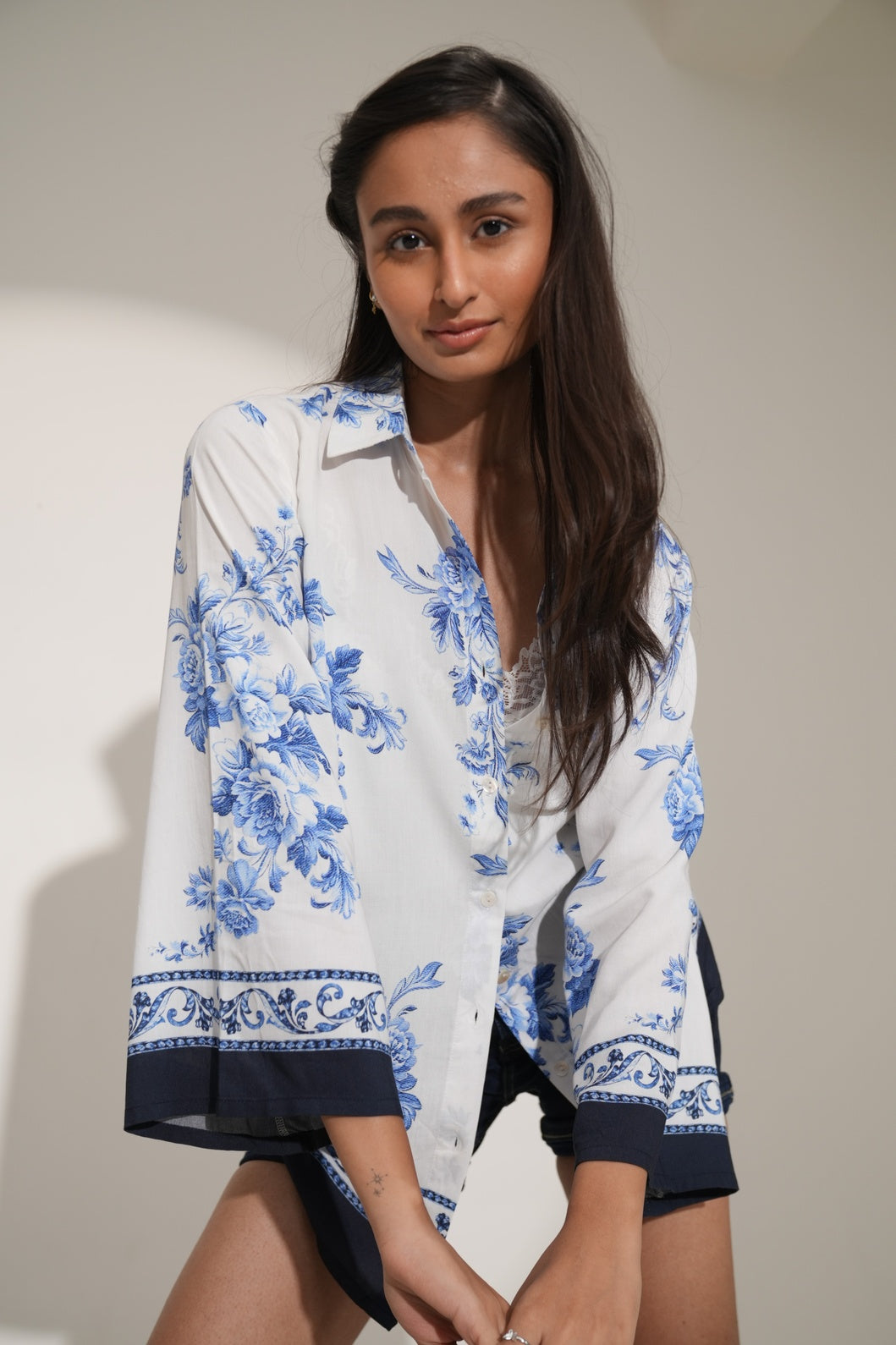White Blue Floral Printed Short Viscose Shirt