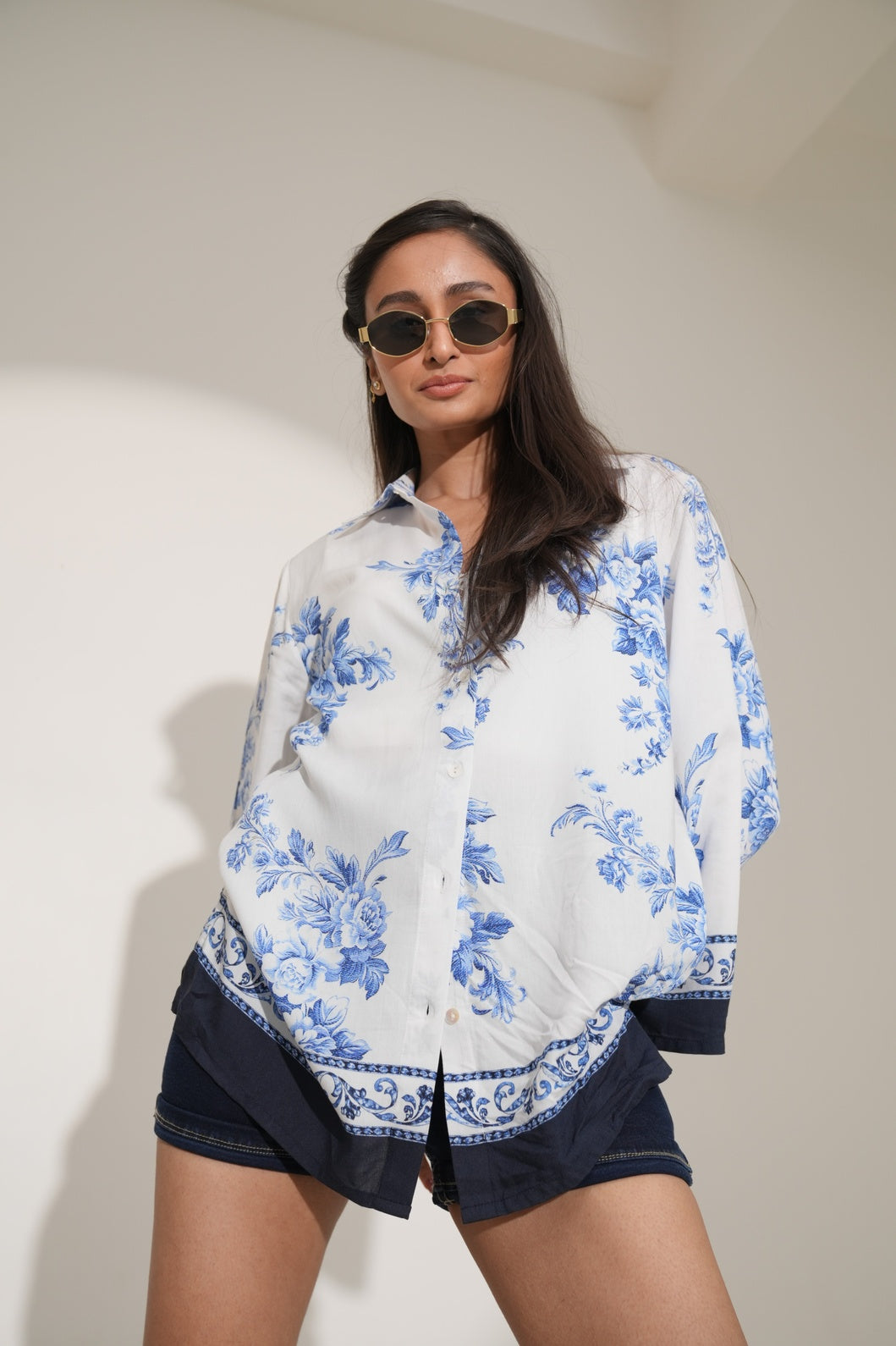 White Blue Floral Printed Short Viscose Shirt