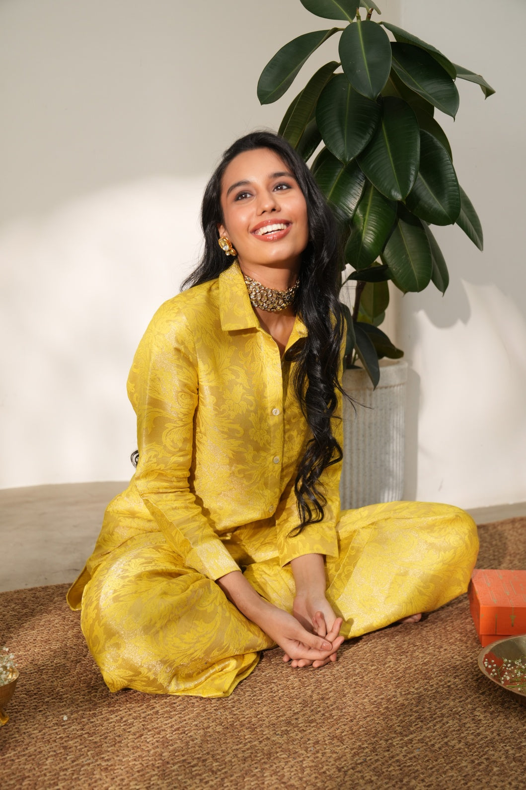 Yellow Leaf Designed Brocade Co-ord Set