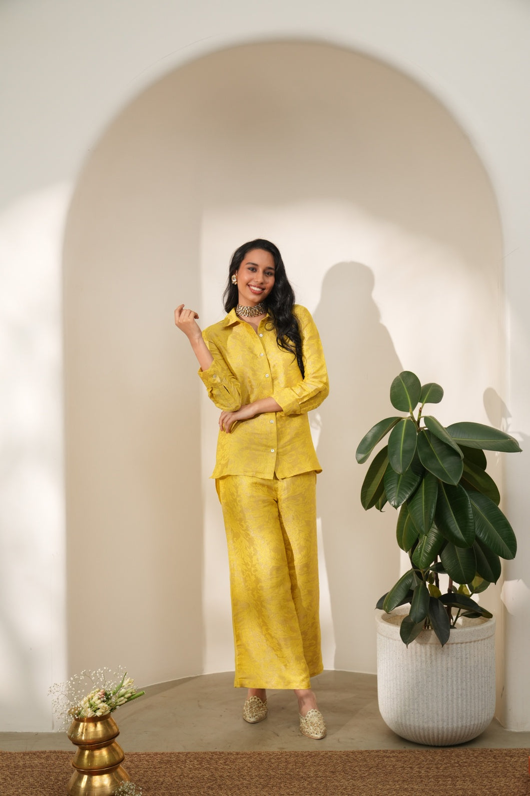 Brocade Leaf Design Yellow Co-ord Set