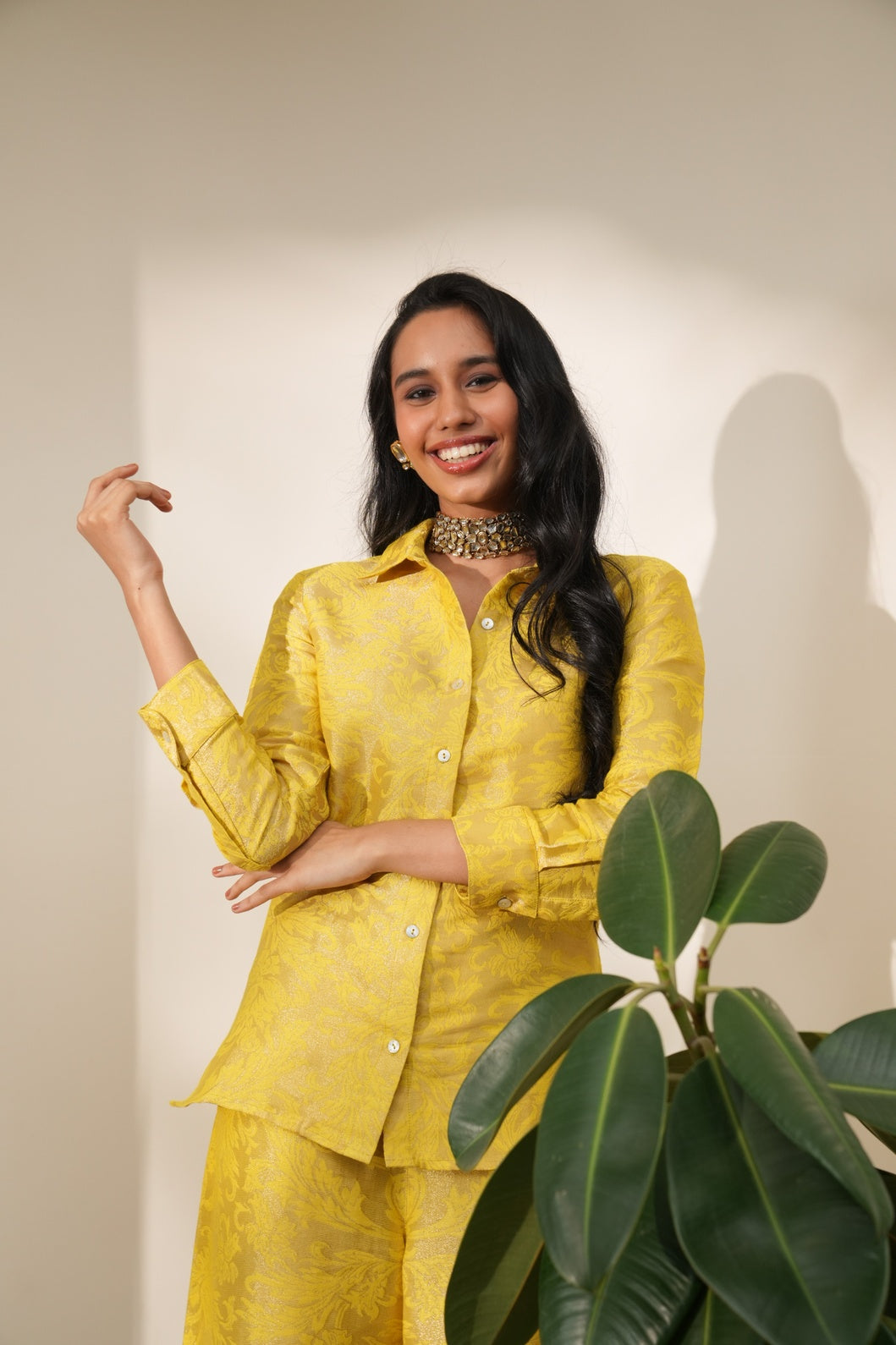 Yellow Leaf Designed Brocade Co-ord Set