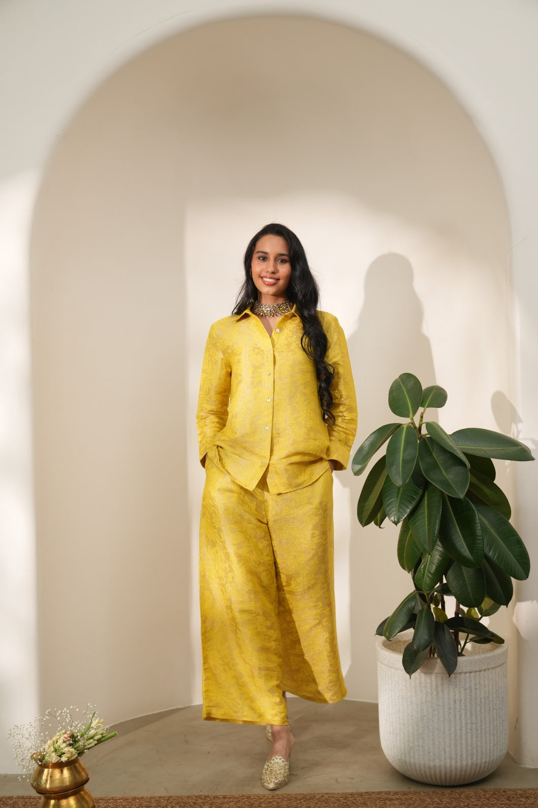 Brocade Leaf Design Yellow Co-ord Set