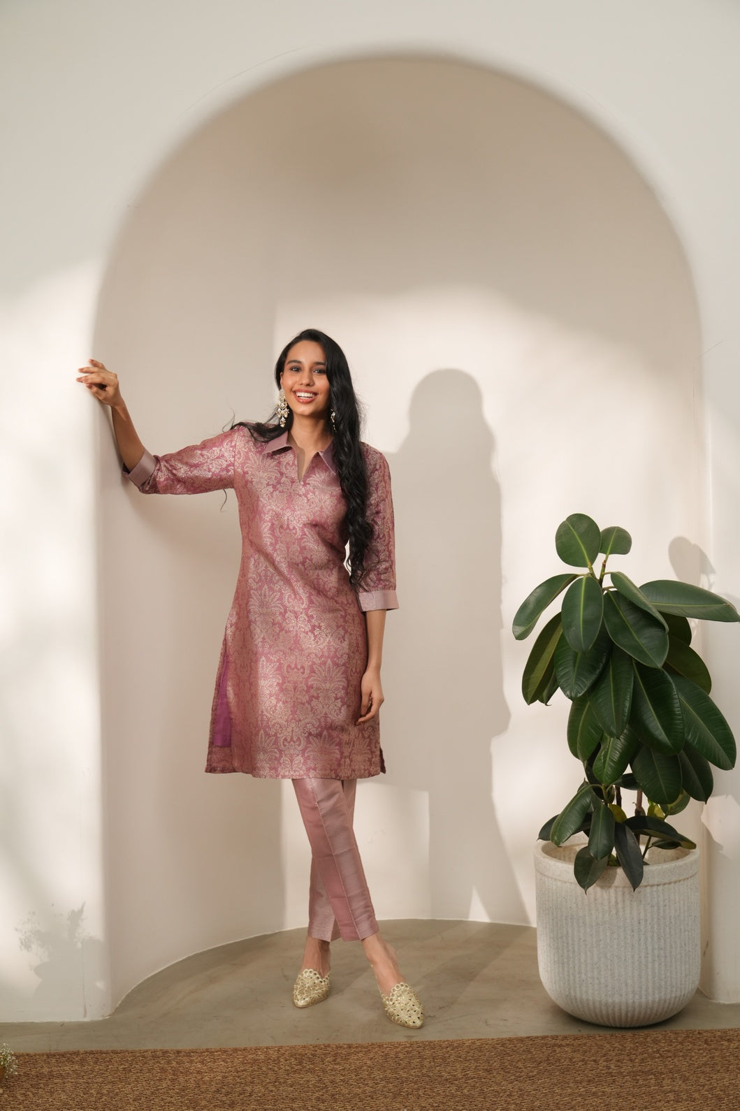 Coral Tapestry Design Brocade Kurta Set