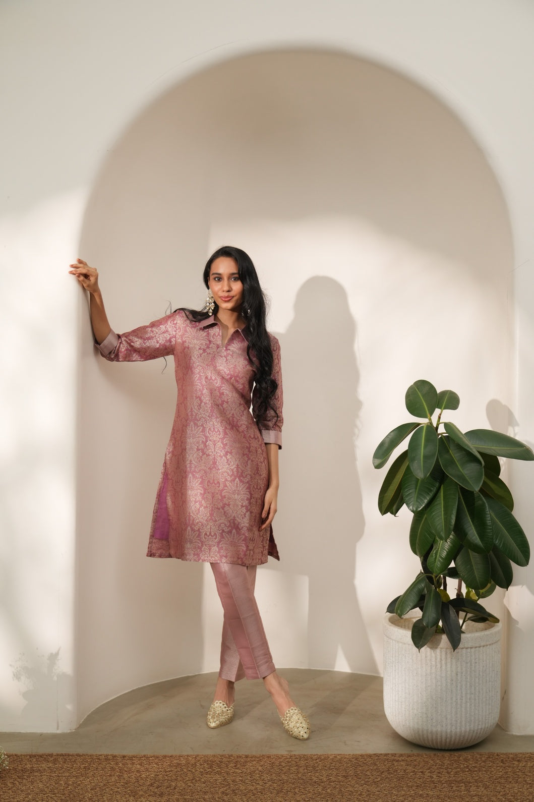 Coral Tapestry Design Brocade Kurta Set