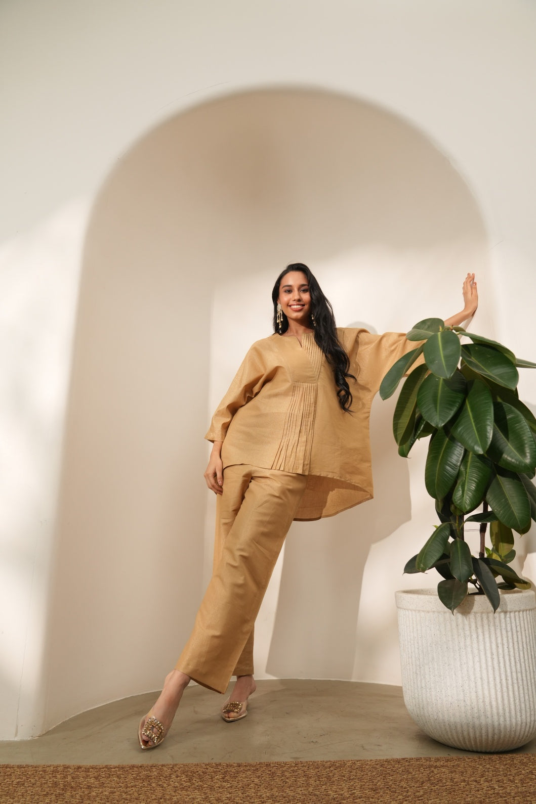Beige Solid Metallic Co-ord Set