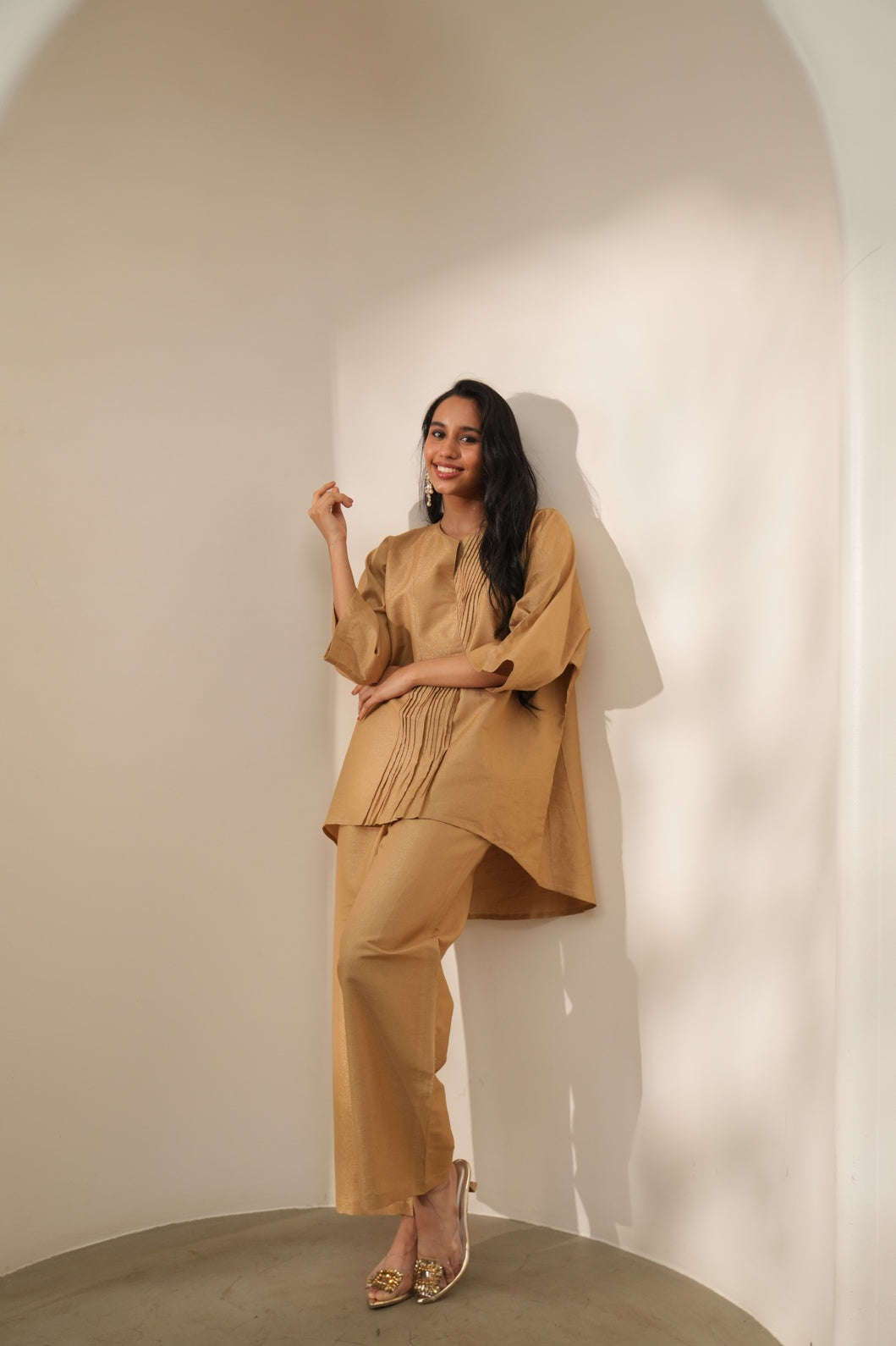 Beige Solid Metallic Co-ord Set