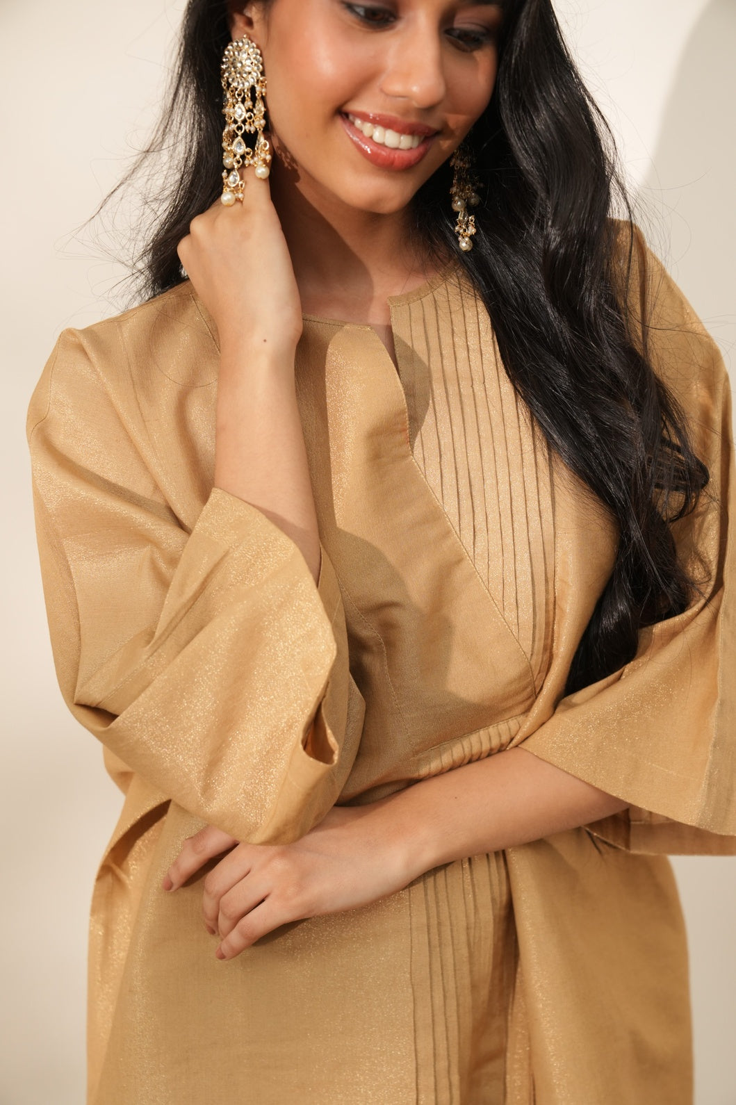 Beige Solid Metallic Co-ord Set