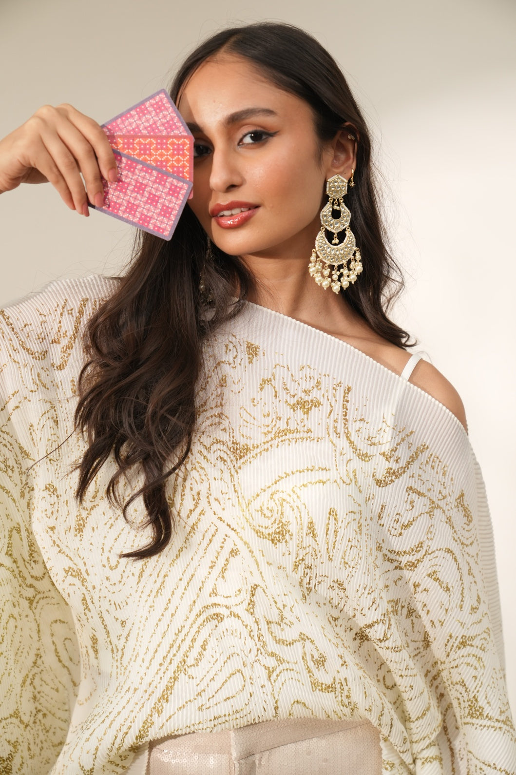 White Paisley Designed Off Shoulder Brocade Pleated Poncho-Pre Order