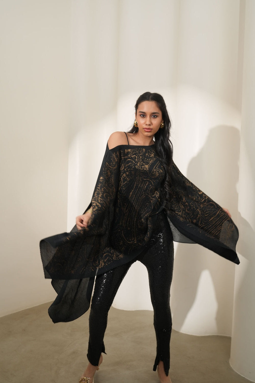 Brocade Paisley Black Pleated Poncho-Pre Order